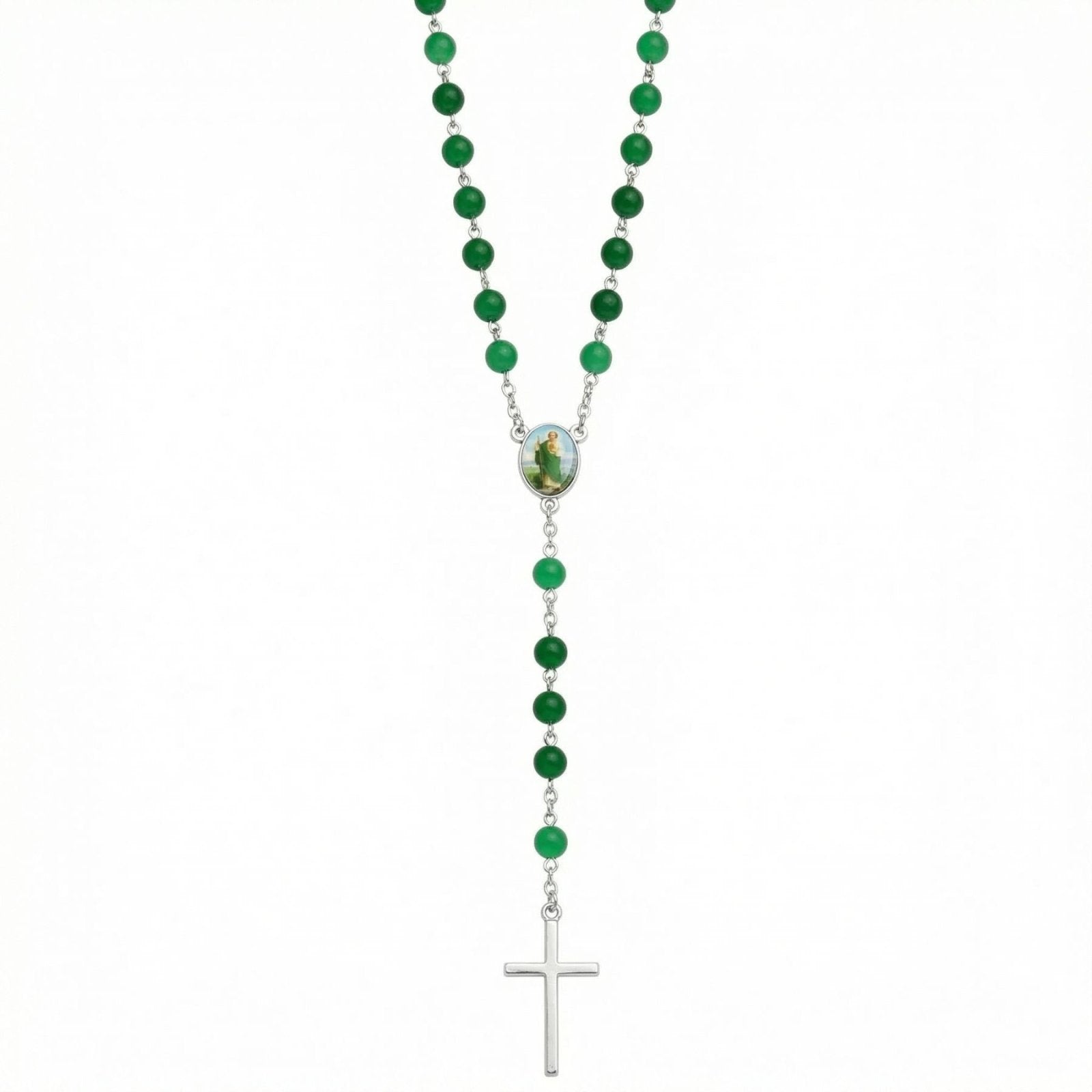 Chapelet collier de prière, avec perles synthétiques et pendentif croix, en alliage de zinc