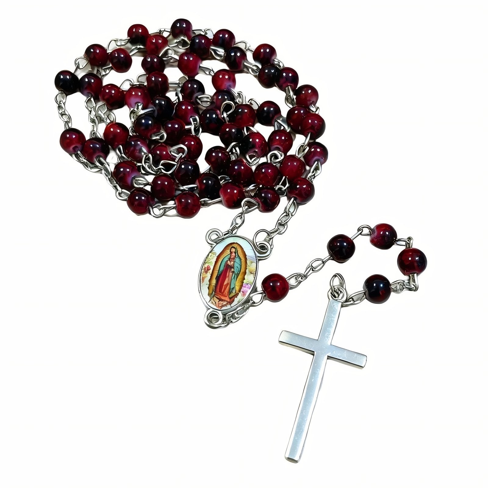 Chapelet collier de prière, avec perles synthétiques et pendentif croix, en alliage de zinc