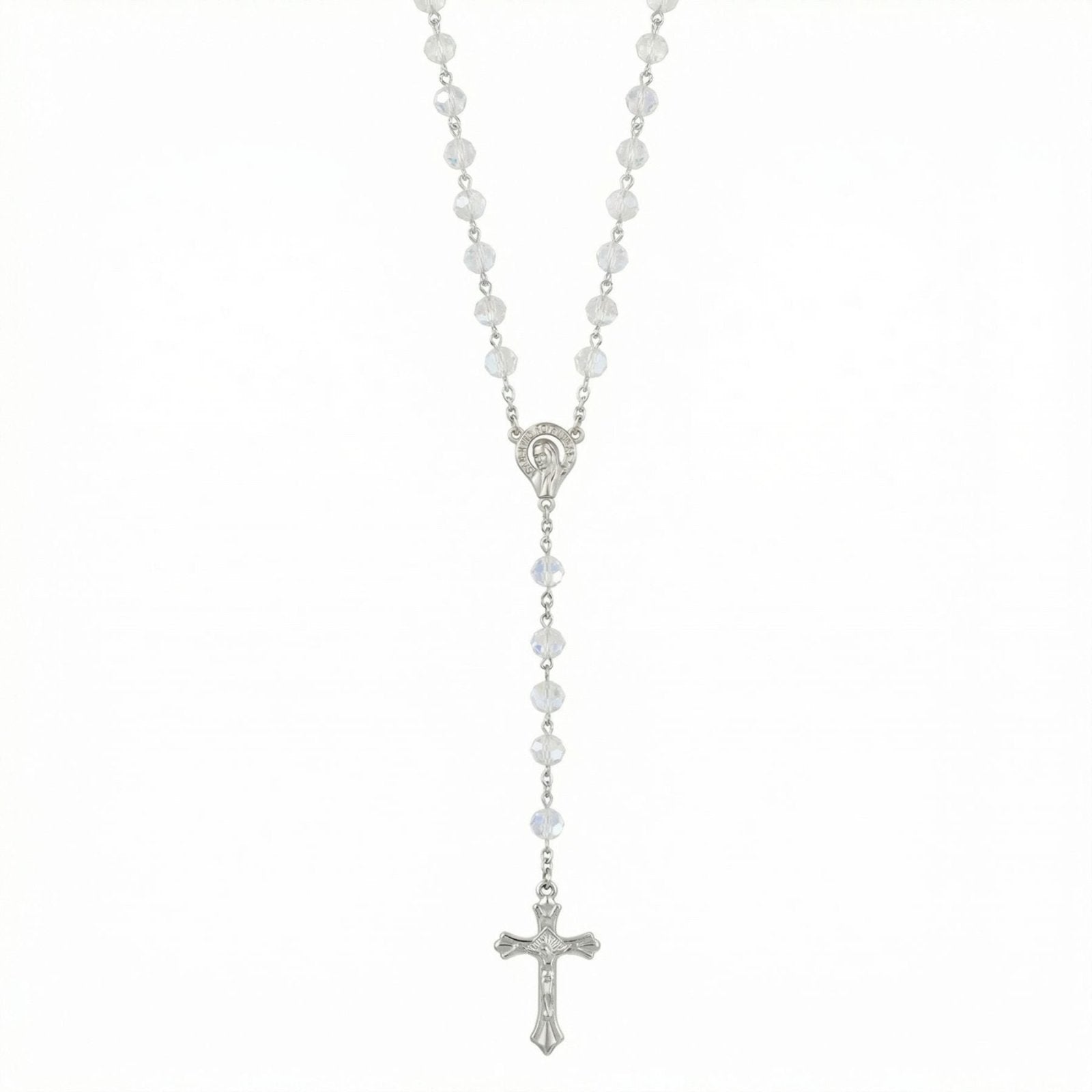 Chapelet collier pendentif croix, avec cristal blanc, en alliage de zinc, style religieux