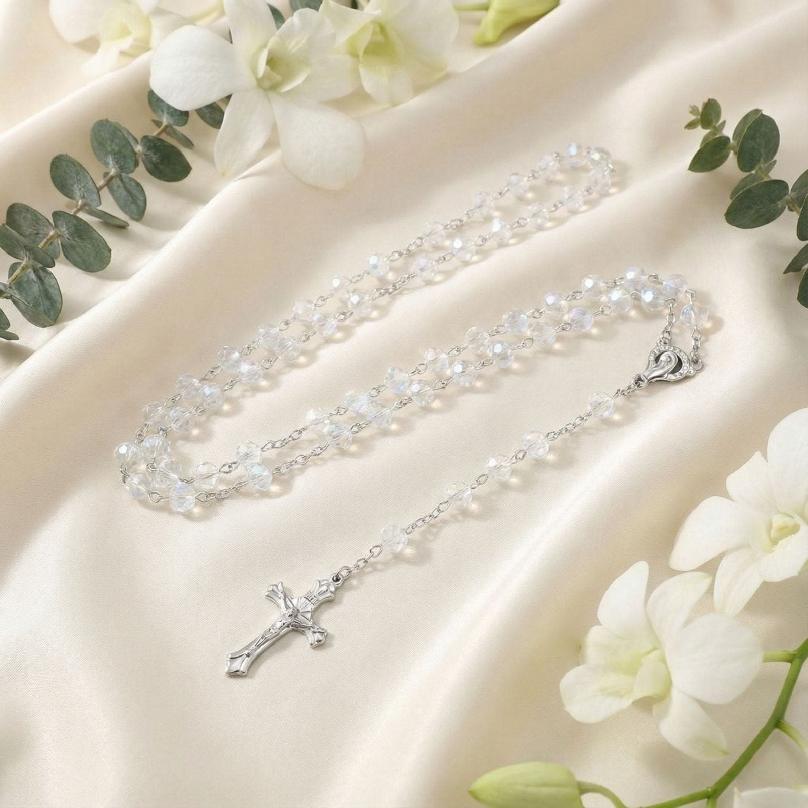 Chapelet collier pendentif croix, avec cristal blanc, en alliage de zinc, style religieux