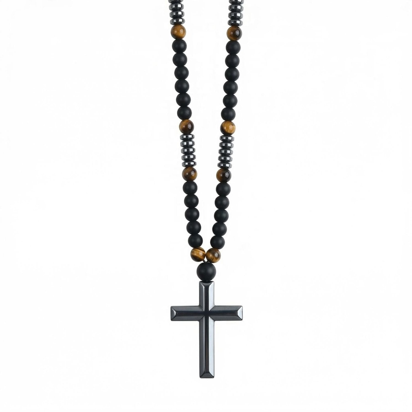 Chapelet collier pendentif croix en hématite, avec perles, en pierres naturelles noires et œil de tigre