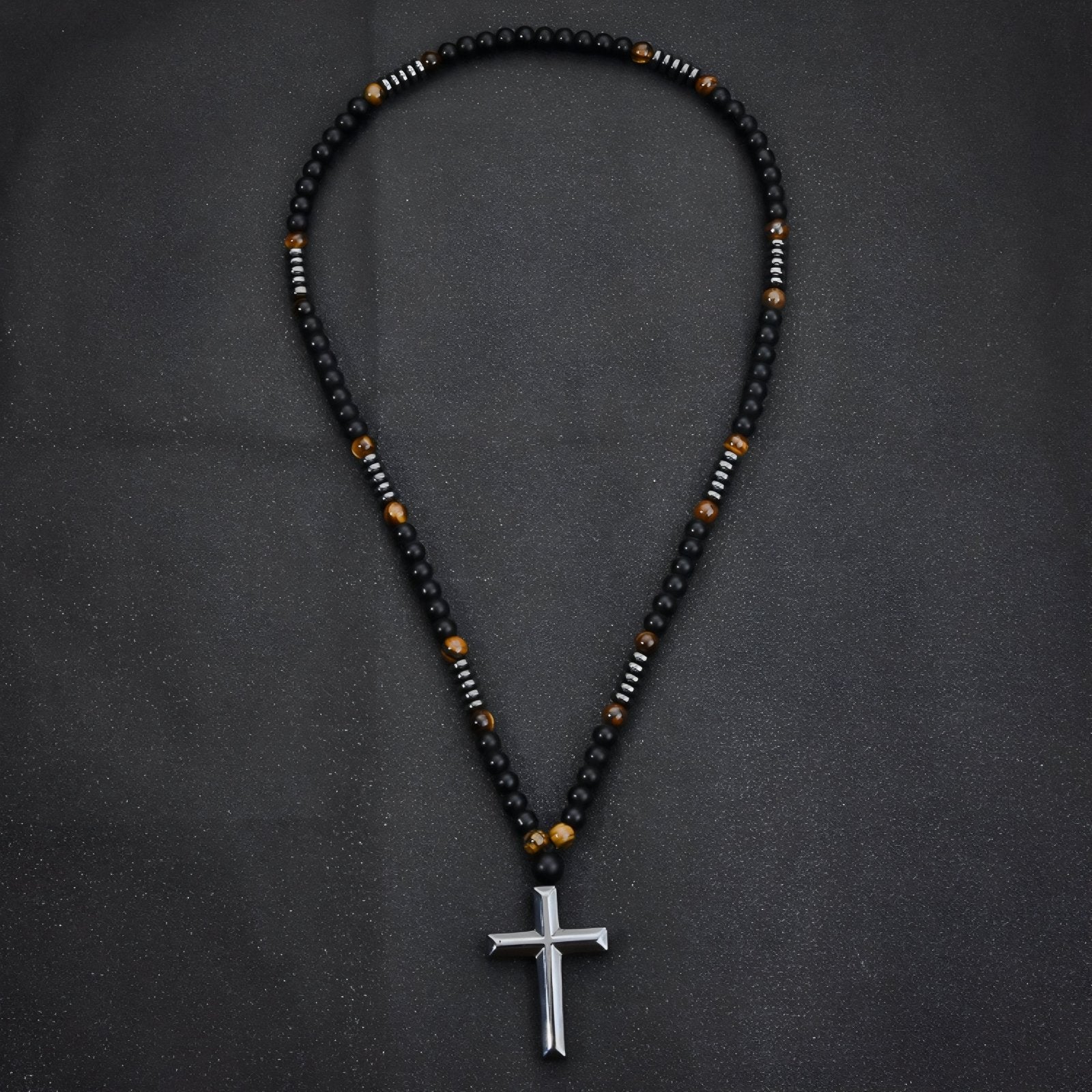 Chapelet collier pendentif croix en hématite, avec perles, en pierres naturelles noires et œil de tigre