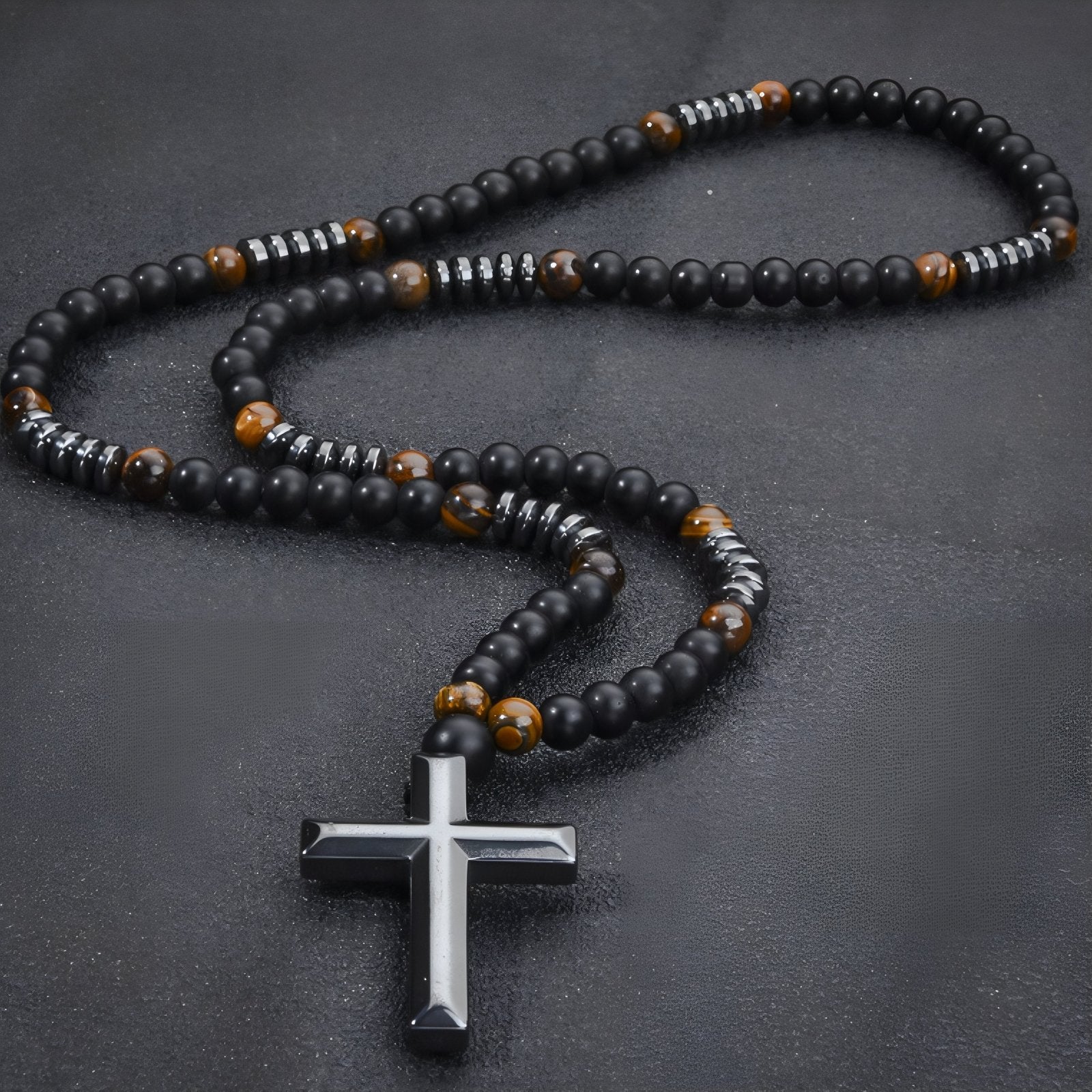 Chapelet collier pendentif croix en hématite, avec perles, en pierres naturelles noires et œil de tigre