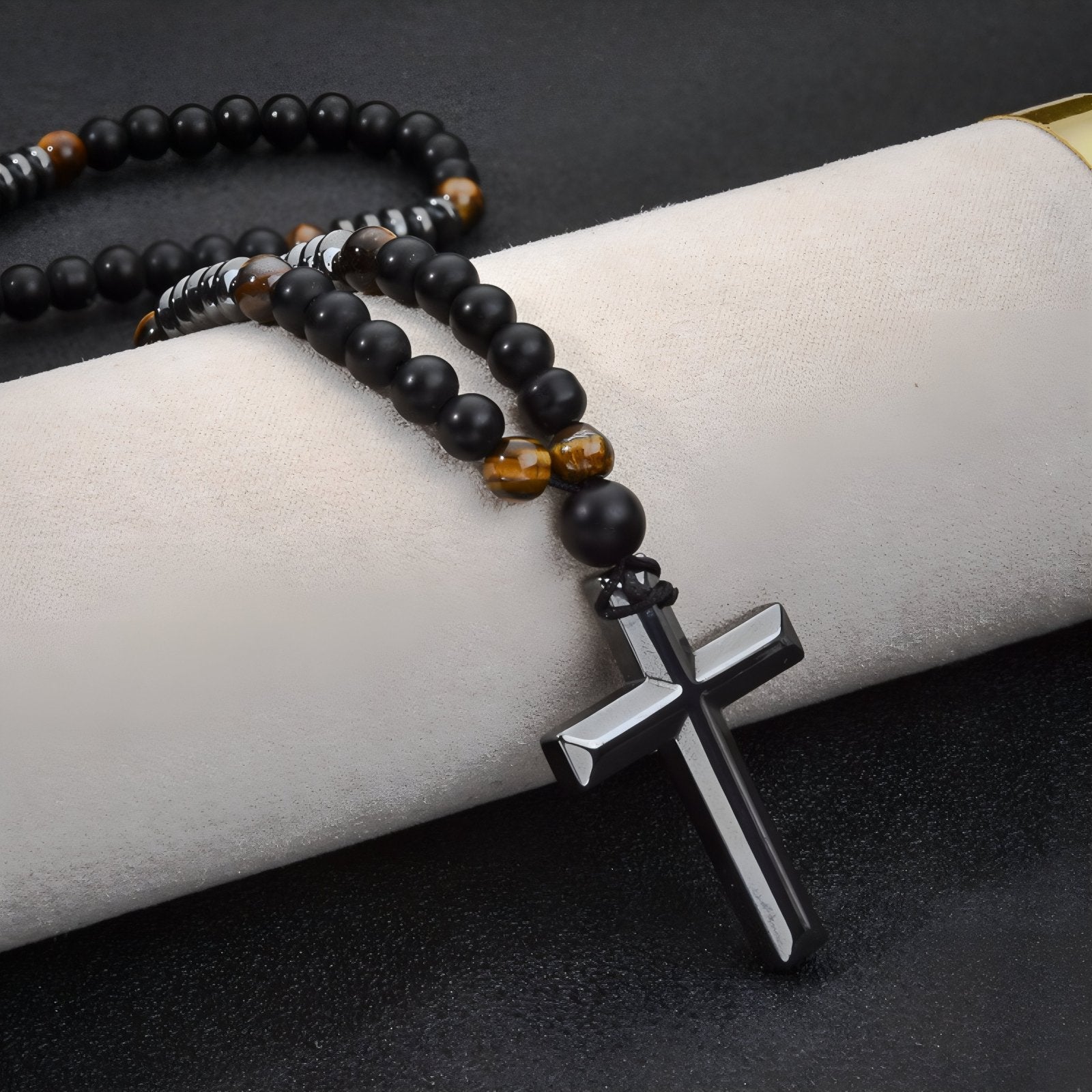 Chapelet collier pendentif croix en hématite, avec perles, en pierres naturelles noires et œil de tigre