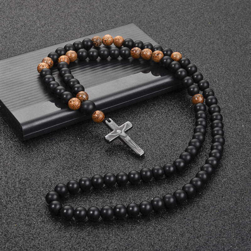 Chapelet collier pendentif croix en hématite pour homme, en onyx et perles en bois, style religieux