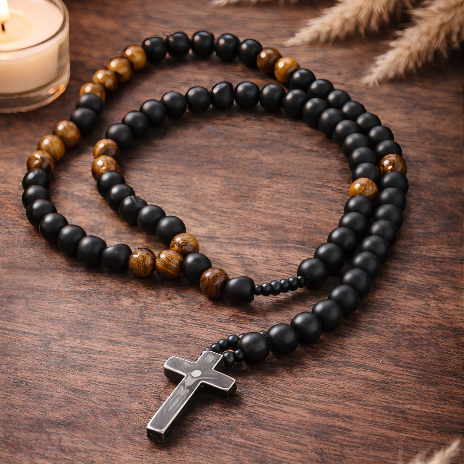 Chapelet collier pendentif croix en hématite pour homme, en onyx et perles en bois, style religieux