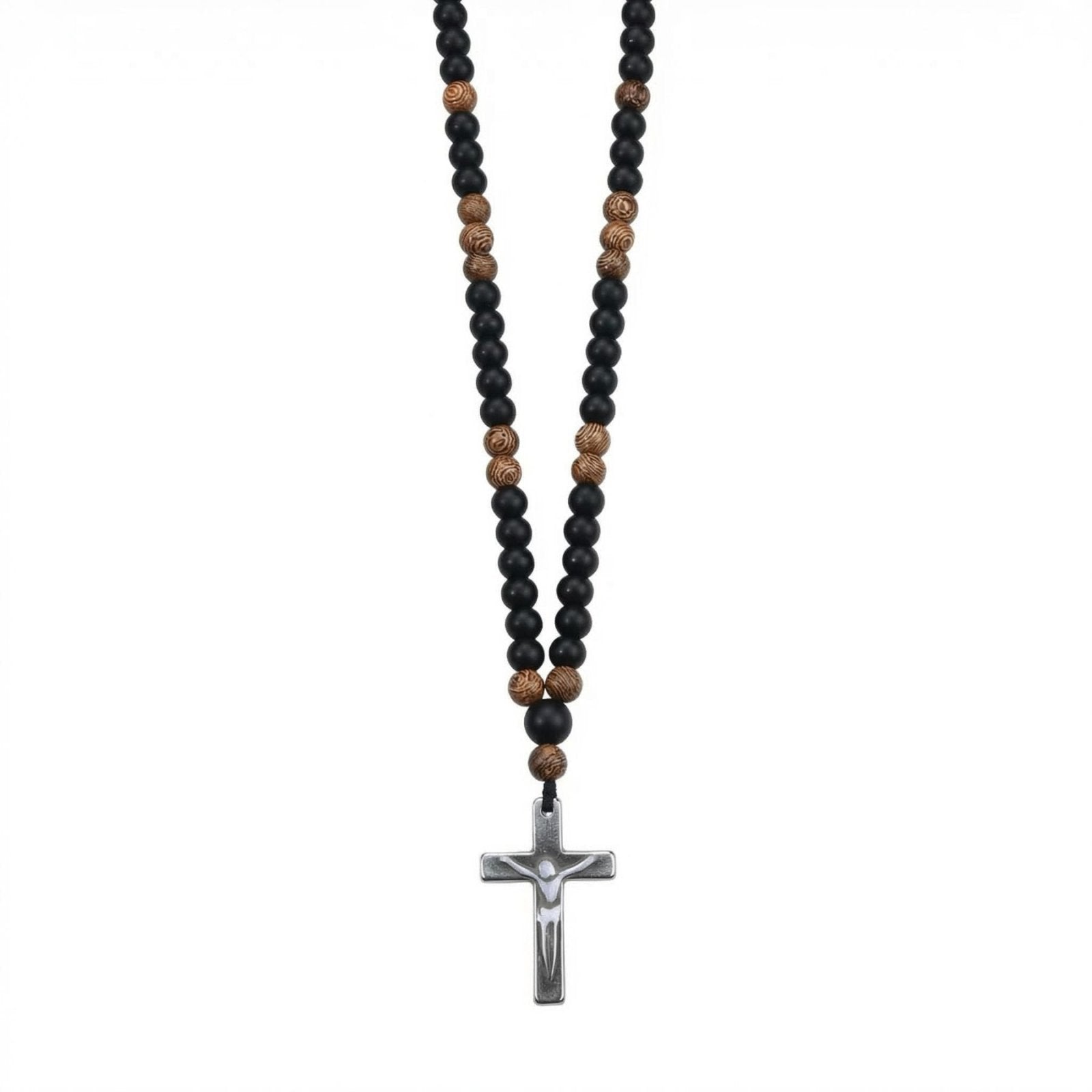 Chapelet collier pendentif croix en hématite pour homme, en onyx et perles en bois, style religieux