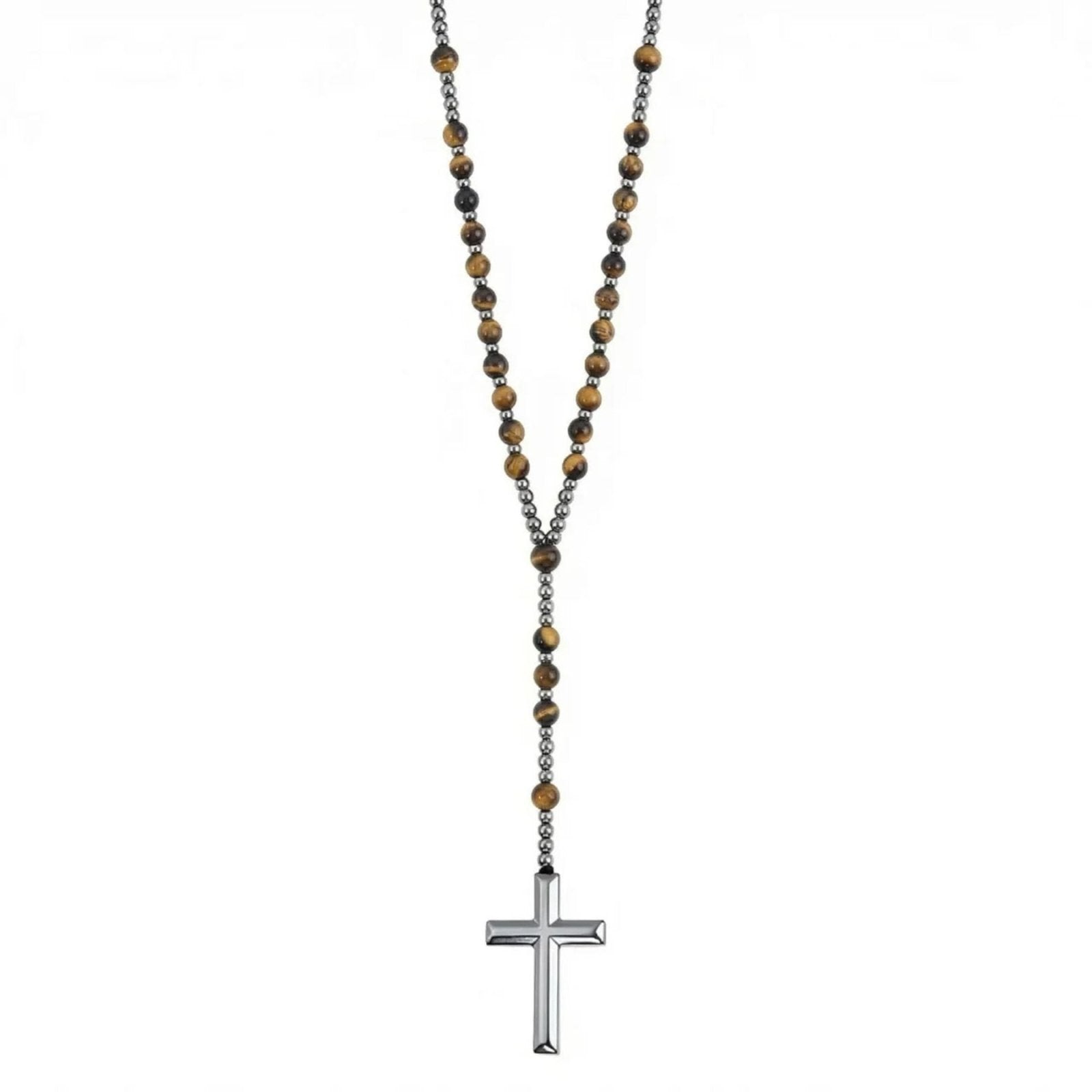 Chapelet collier pour homme, avec pendentif croix en hématite, perles en pierres naturelles