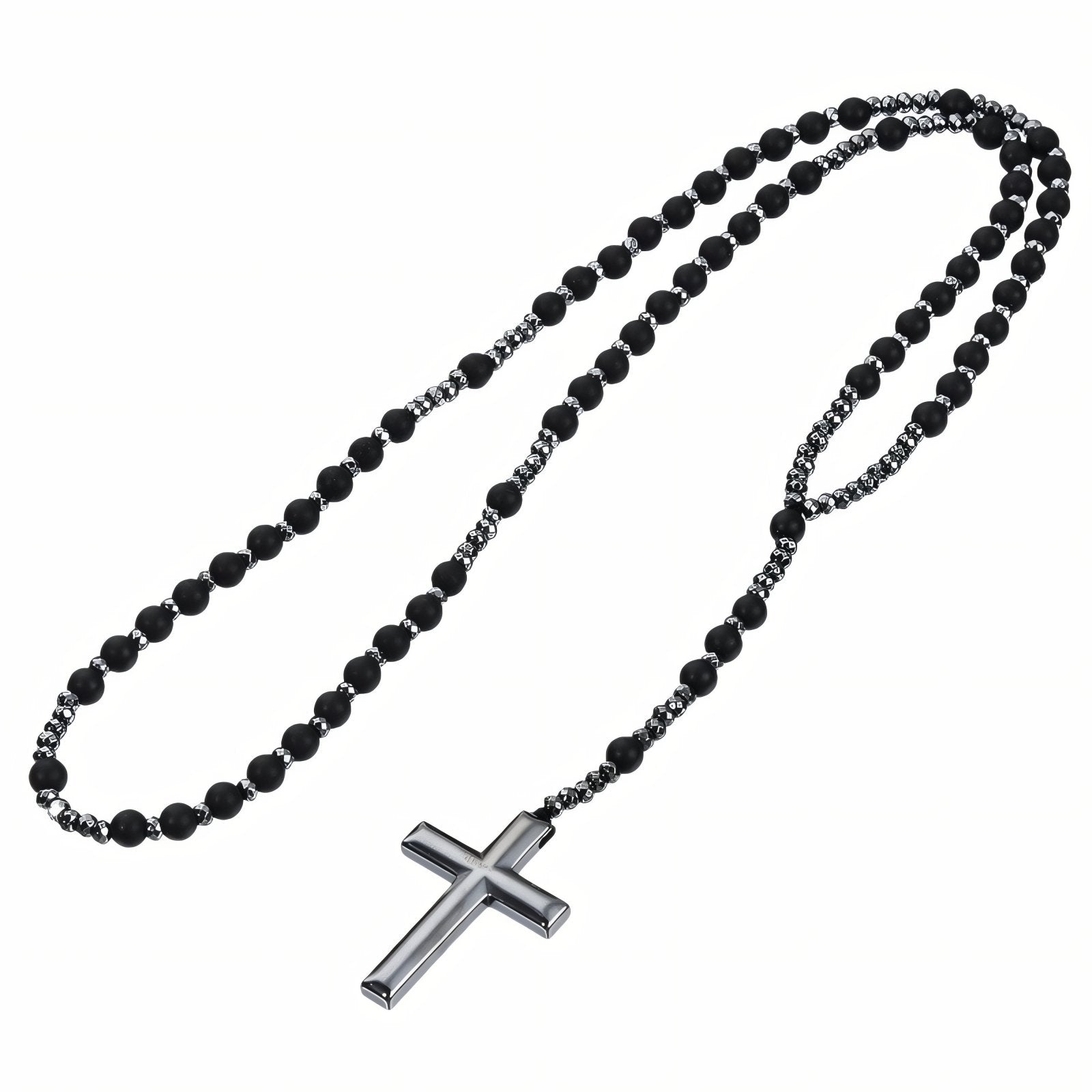 Chapelet collier pour homme, avec pendentif croix en hématite, perles en pierres naturelles