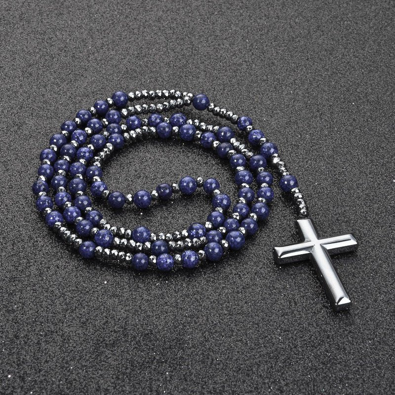 Chapelet collier pour homme, avec pendentif croix en hématite, perles en pierres naturelles