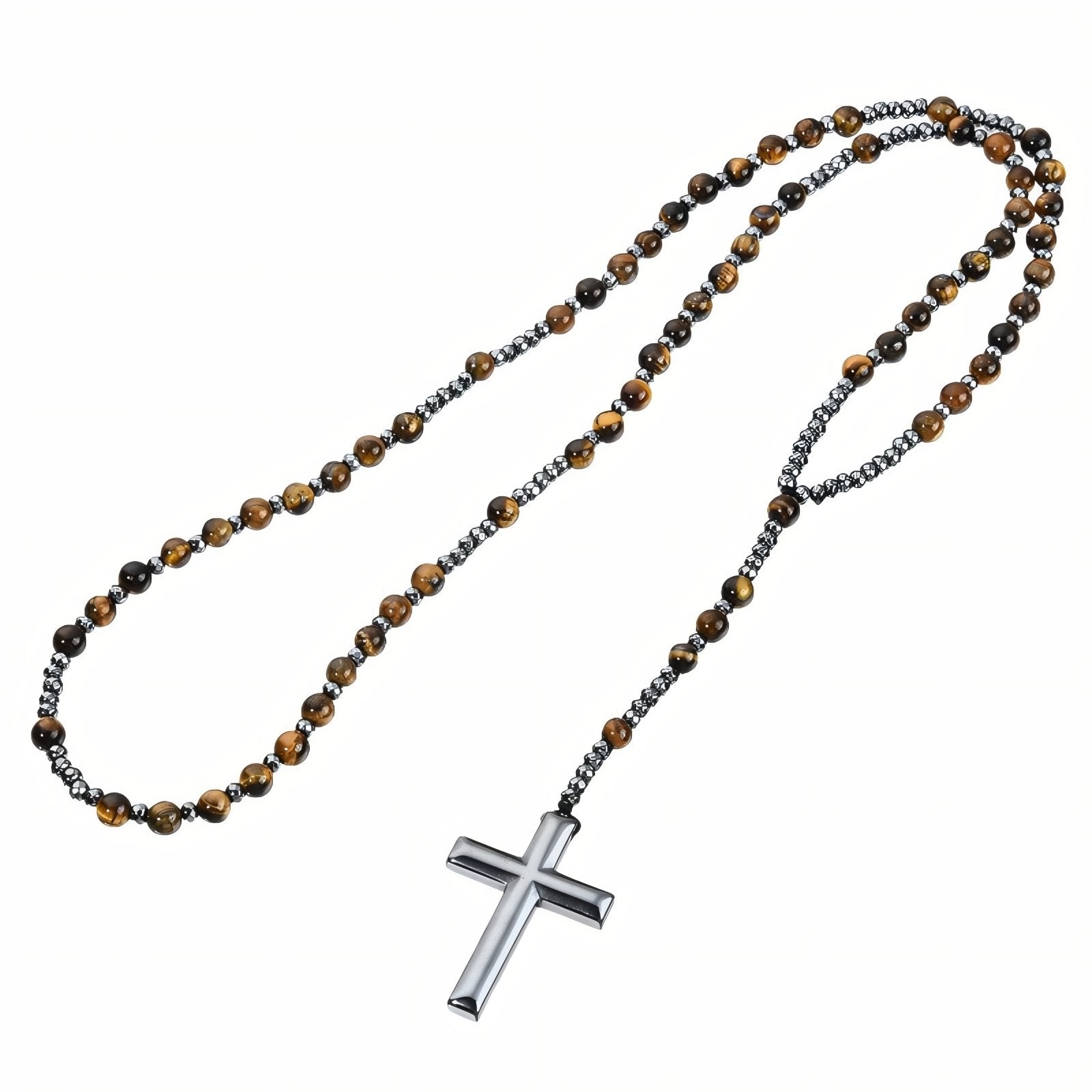 Chapelet collier pour homme, avec pendentif croix en hématite, perles en pierres naturelles