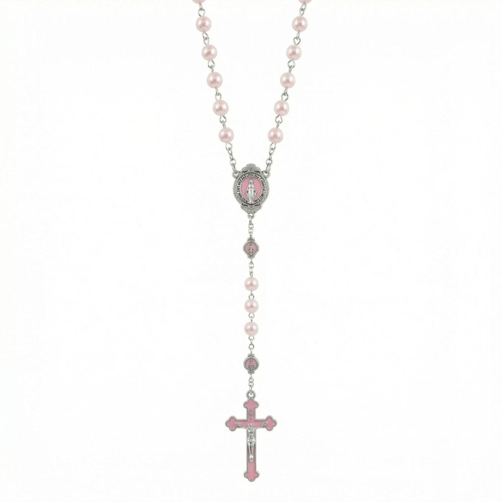 Chapelet collier religieux, avec perles de verre et pendentif croix, en alliage métallique