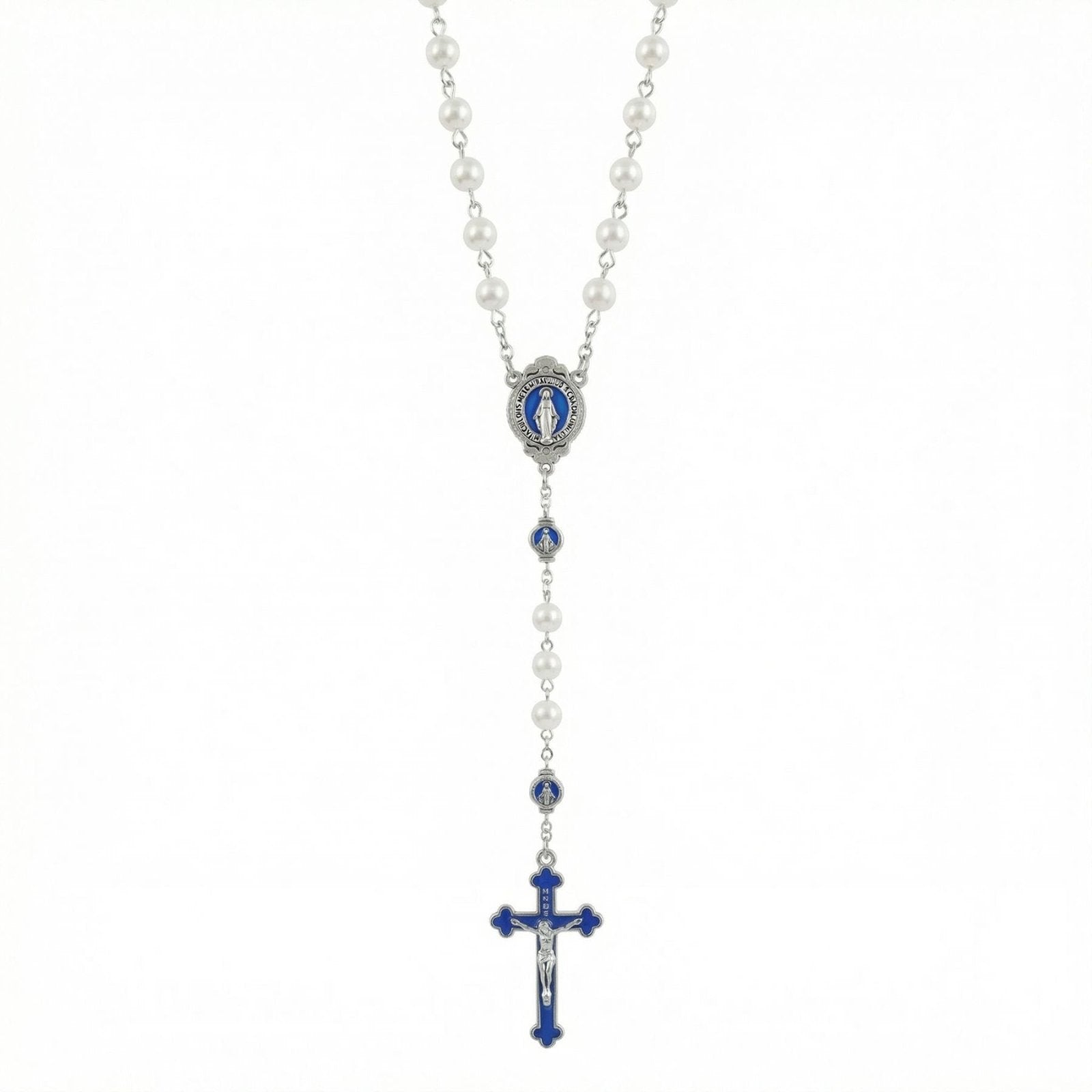 Chapelet collier religieux, avec perles de verre et pendentif croix, en alliage métallique