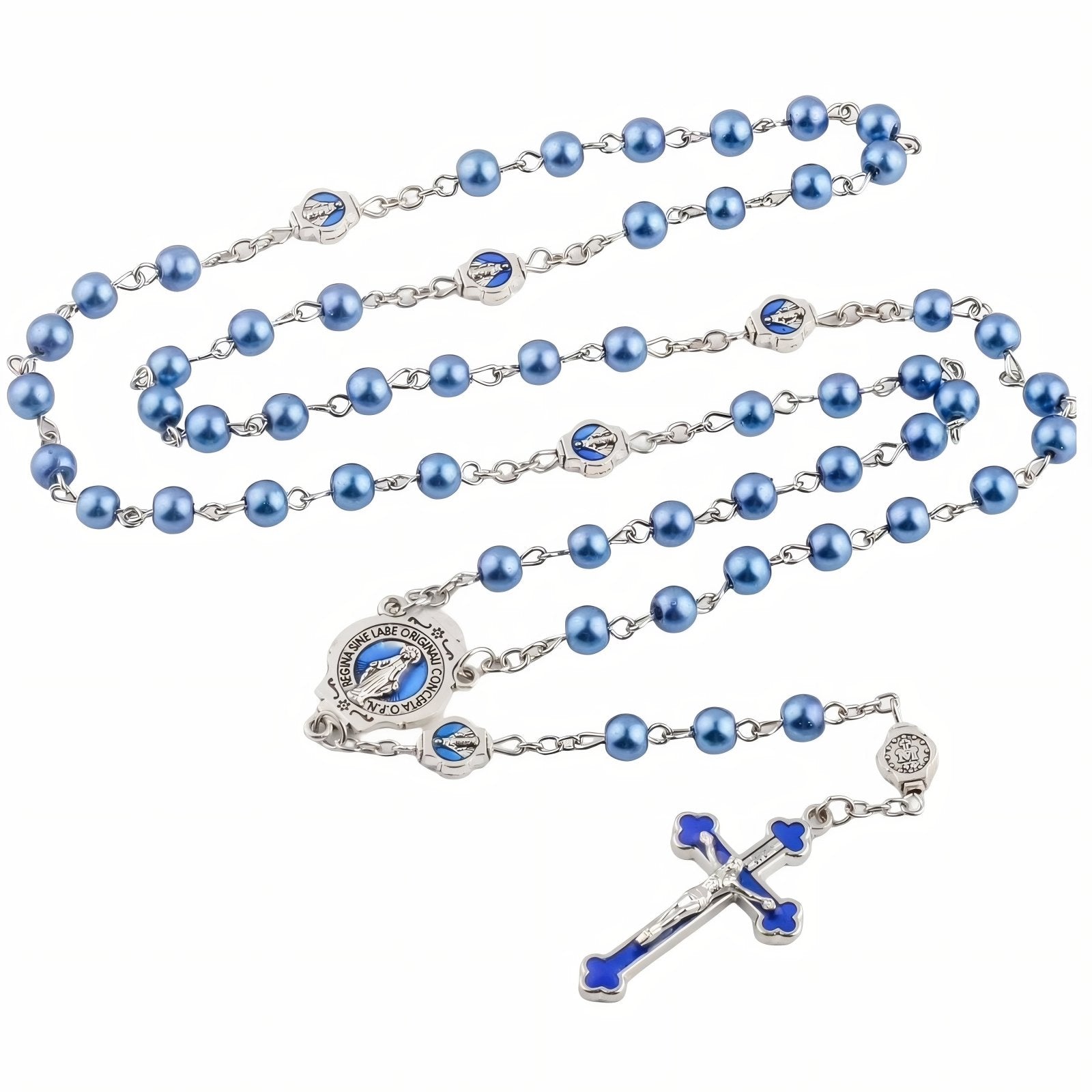 Chapelet collier religieux, avec perles de verre et pendentif croix, en alliage métallique