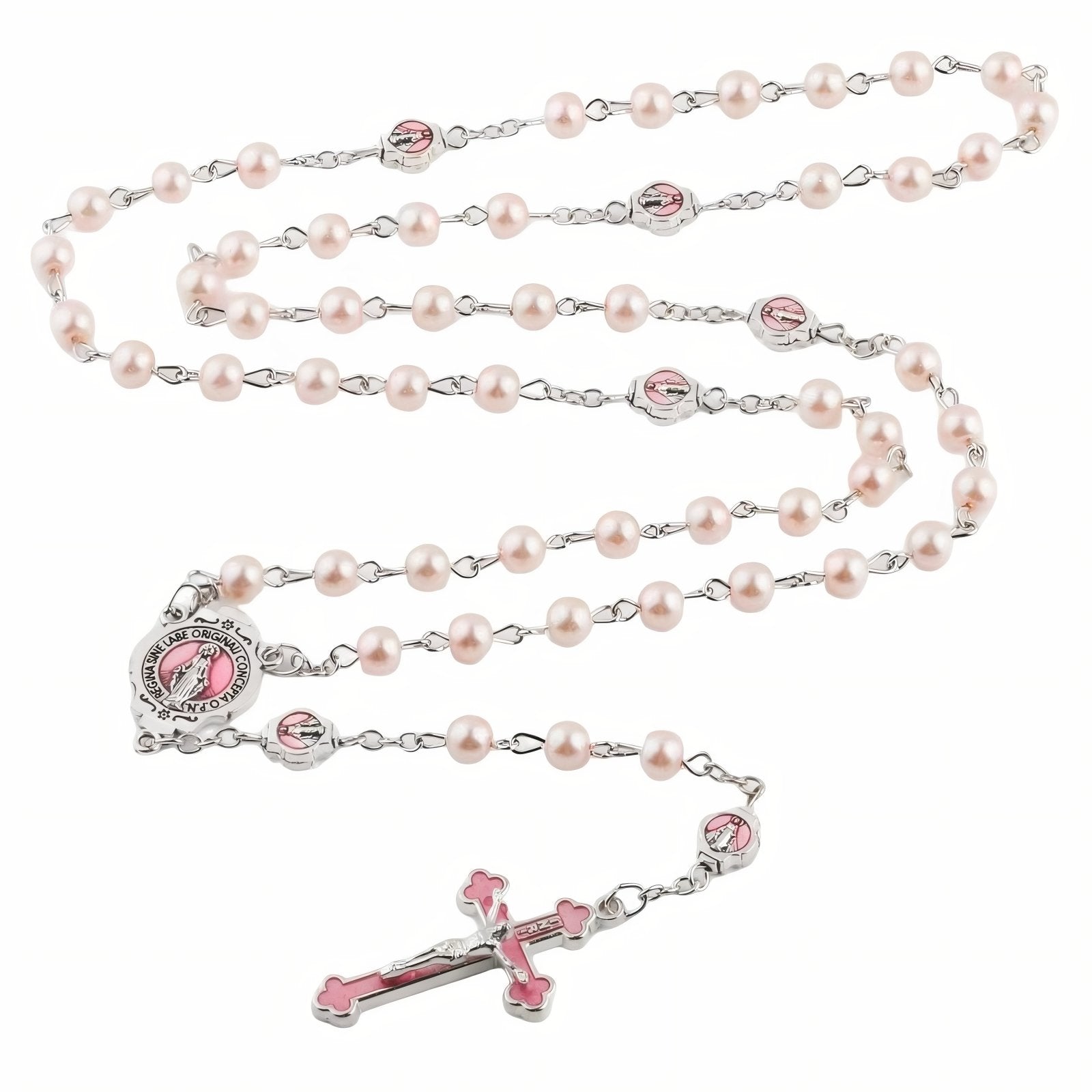 Chapelet collier religieux, avec perles de verre et pendentif croix, en alliage métallique