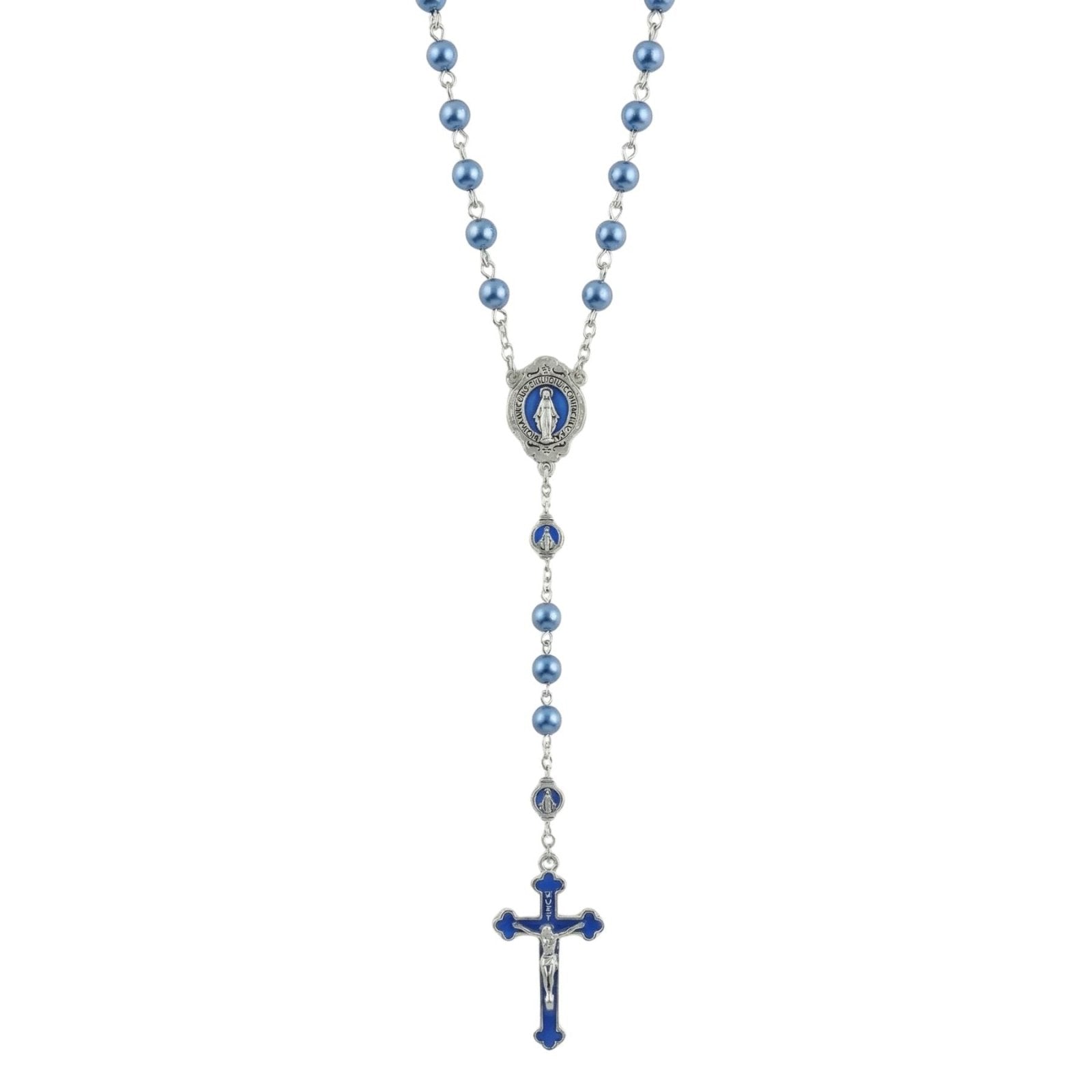 Chapelet collier religieux, avec perles de verre et pendentif croix, en alliage métallique