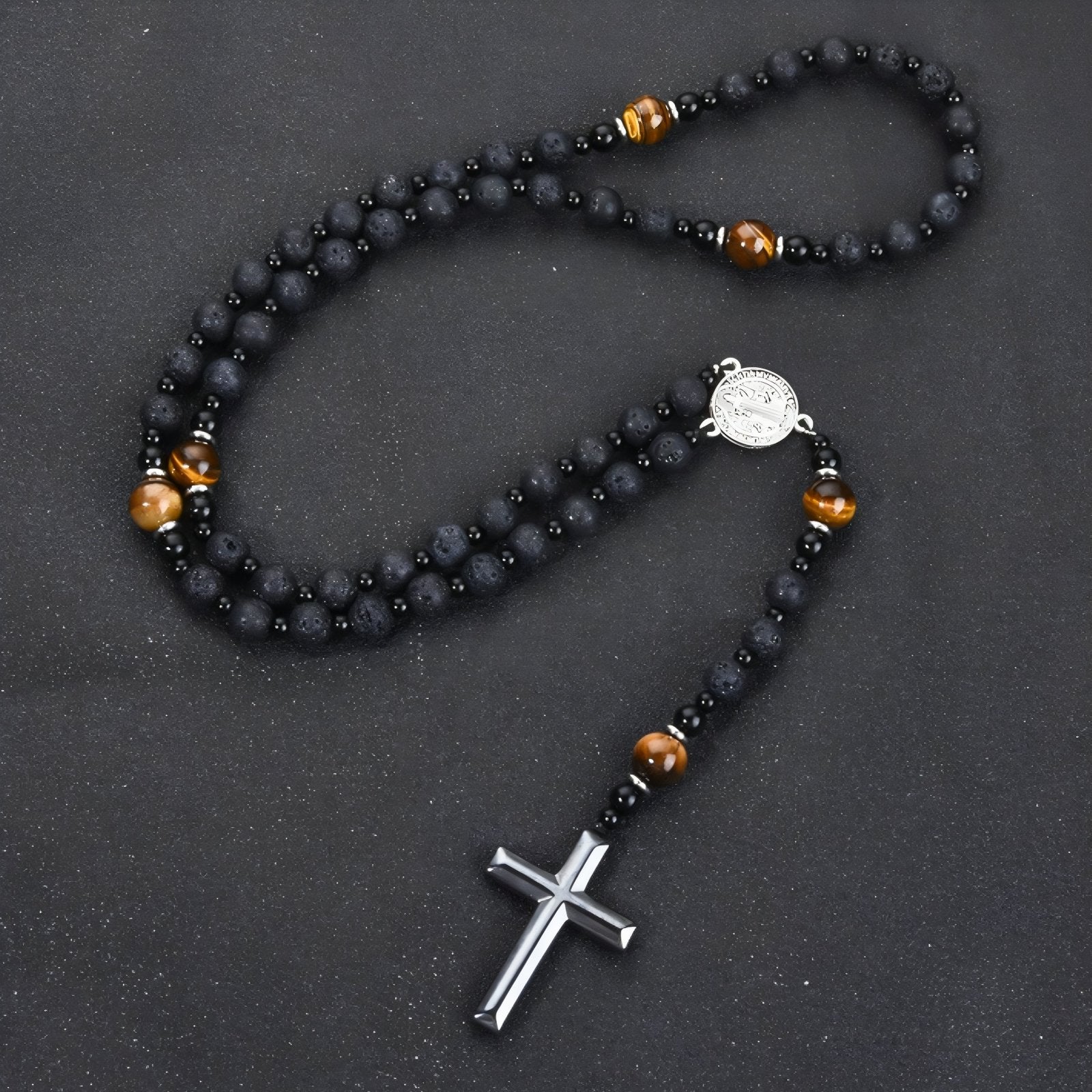 Chapelet collier religieux, avec pierre naturelle noire et oeil de tigre, pendentif croix en hématite
