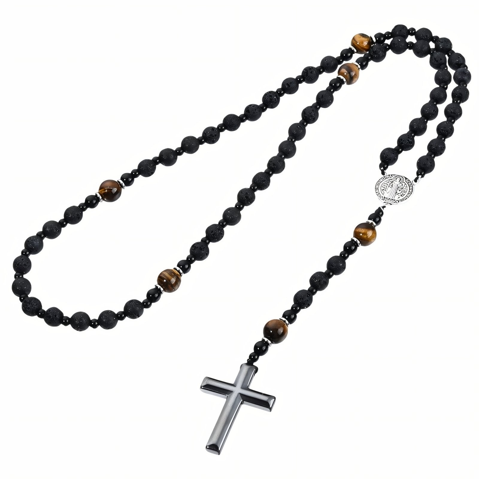 Chapelet collier religieux, avec pierre naturelle noire et oeil de tigre, pendentif croix en hématite