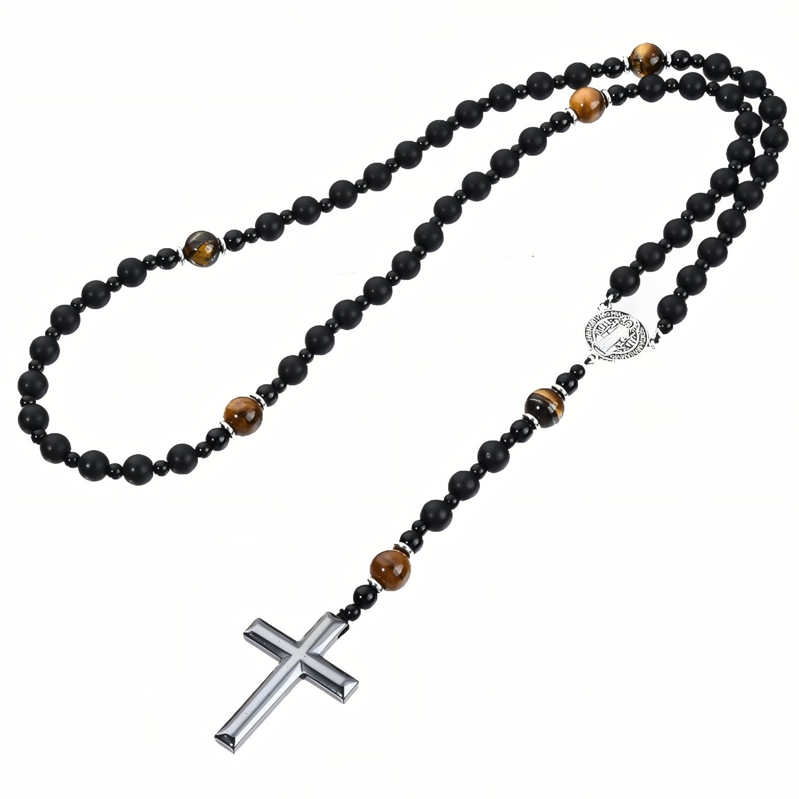 Chapelet collier religieux, avec pierre naturelle noire et oeil de tigre, pendentif croix en hématite