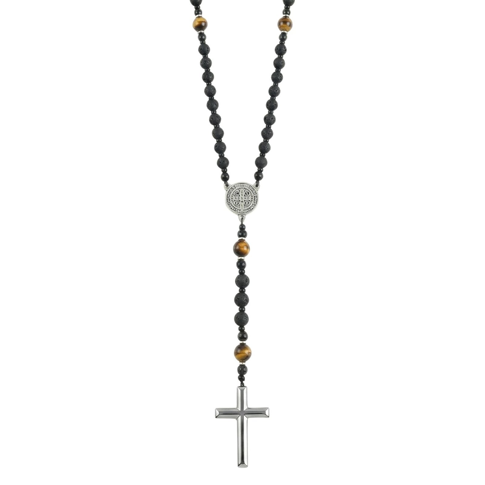 Chapelet collier religieux, avec pierre naturelle noire et oeil de tigre, pendentif croix en hématite