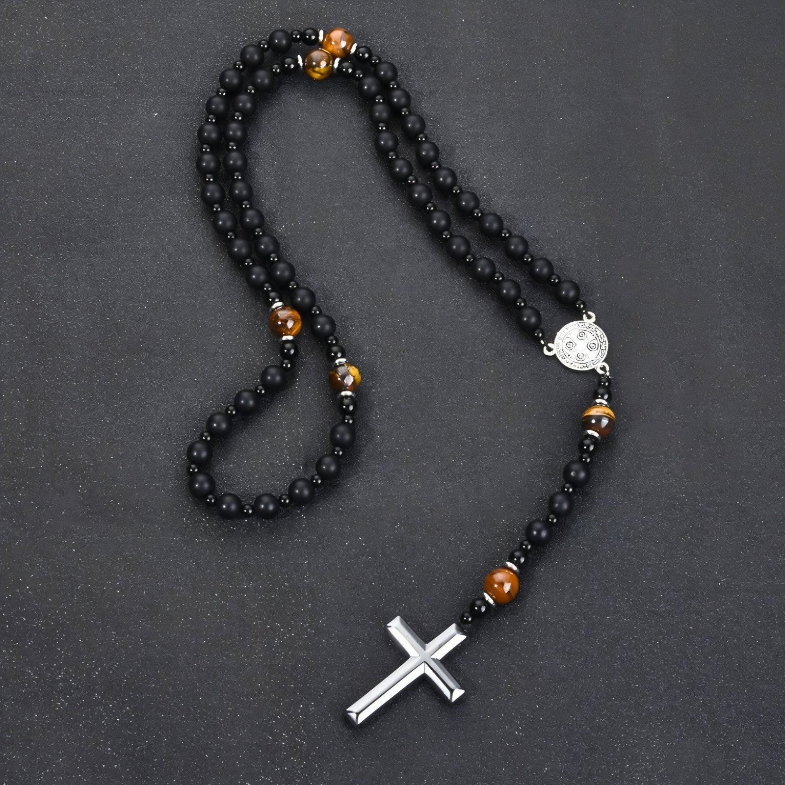 Chapelet collier religieux, avec pierre naturelle noire et oeil de tigre, pendentif croix en hématite