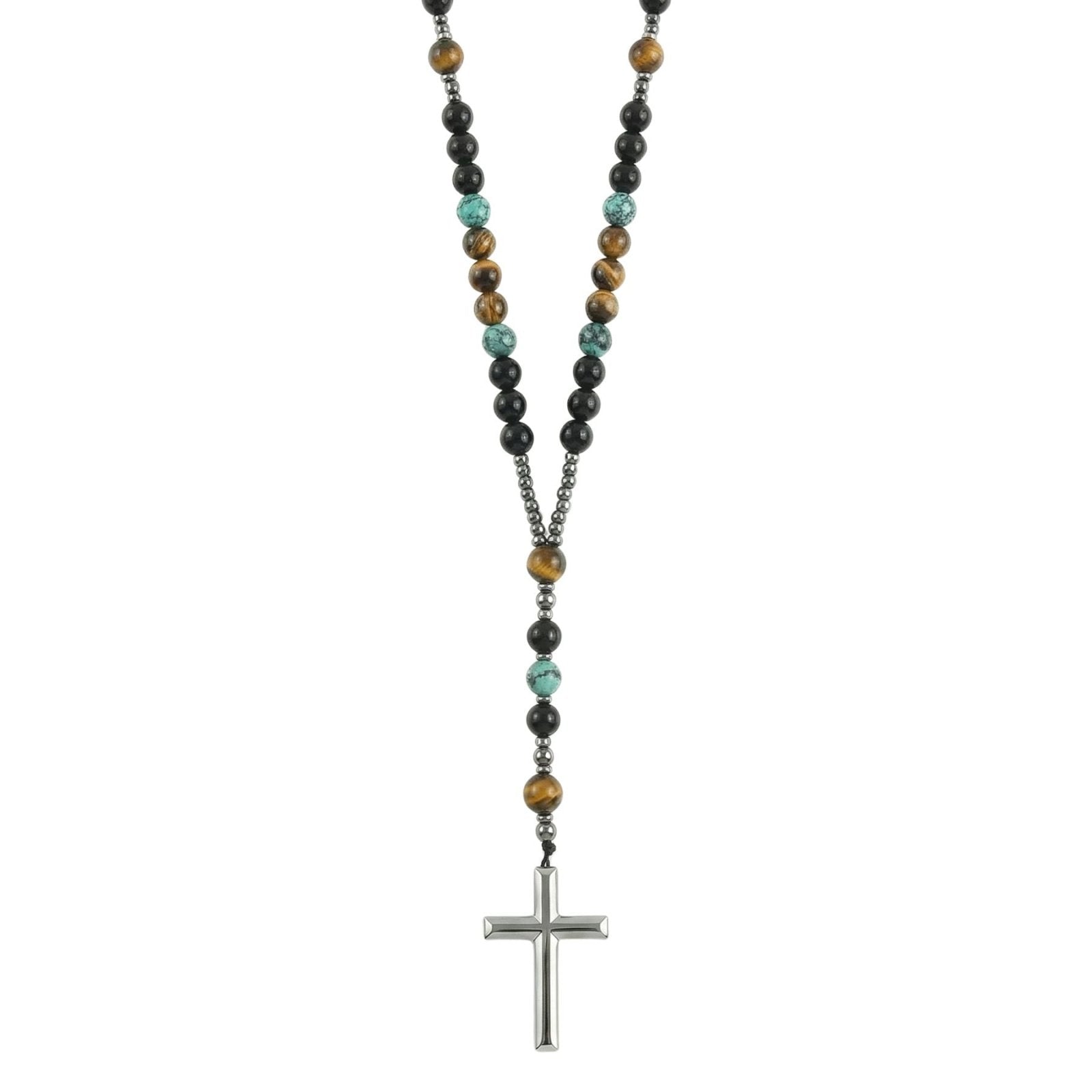 Chapelet collier religieux, avec pierres naturelles et pendentif croix en hématite