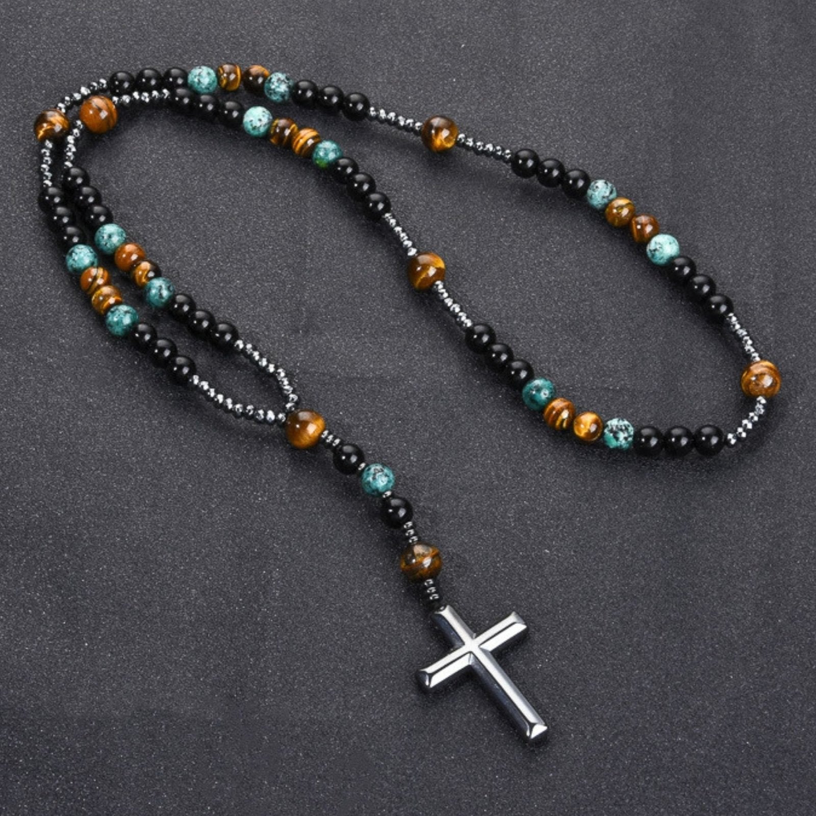 Chapelet collier religieux, avec pierres naturelles et pendentif croix en hématite