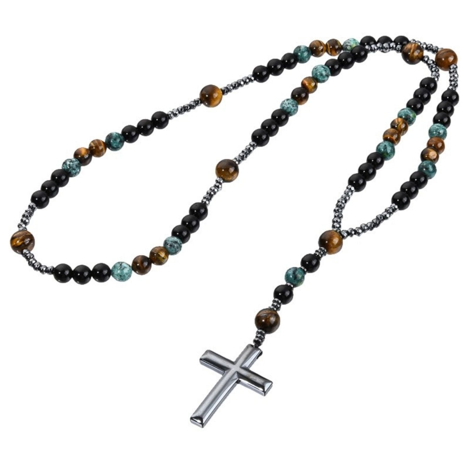 Chapelet collier religieux, avec pierres naturelles et pendentif croix en hématite