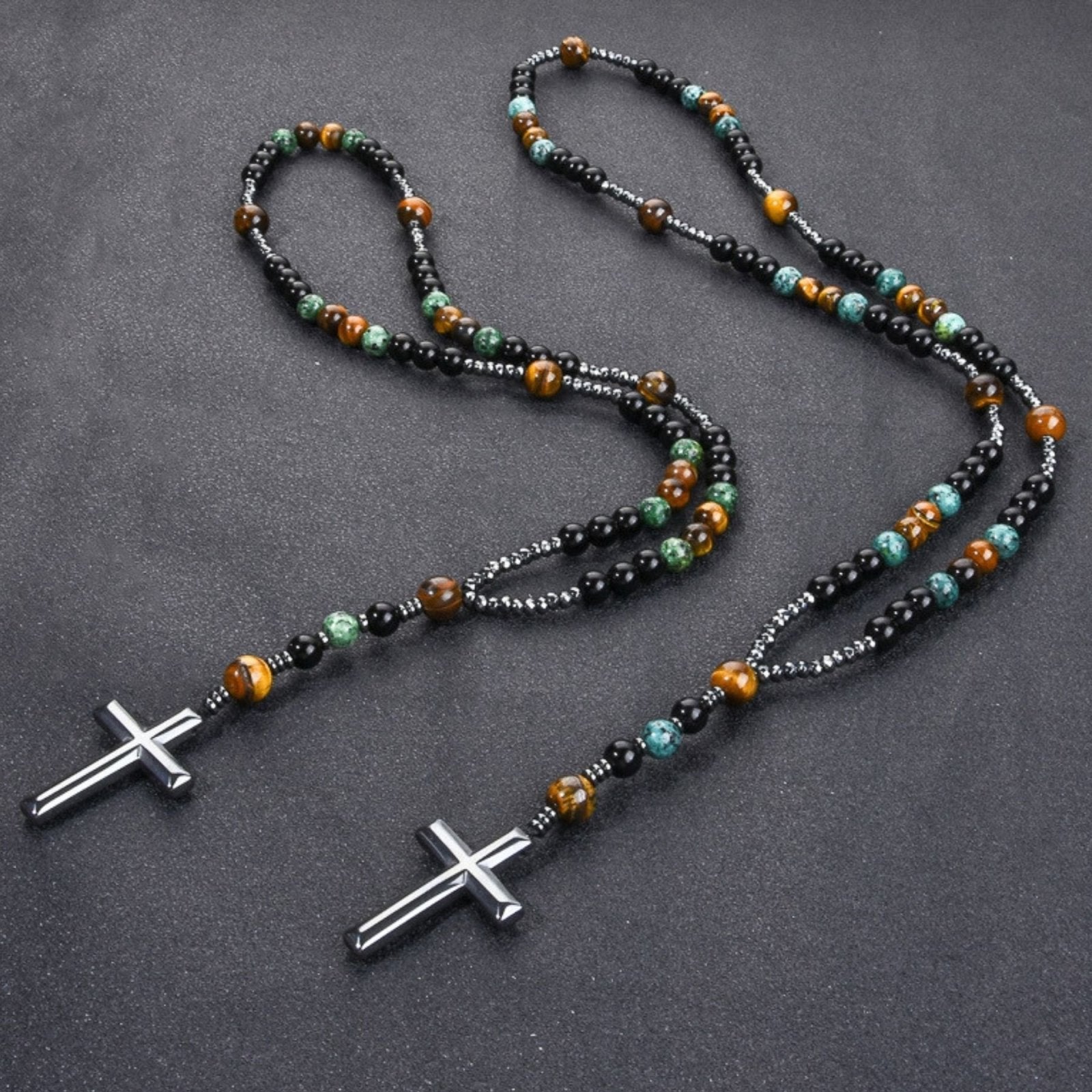 Chapelet collier religieux, avec pierres naturelles et pendentif croix en hématite