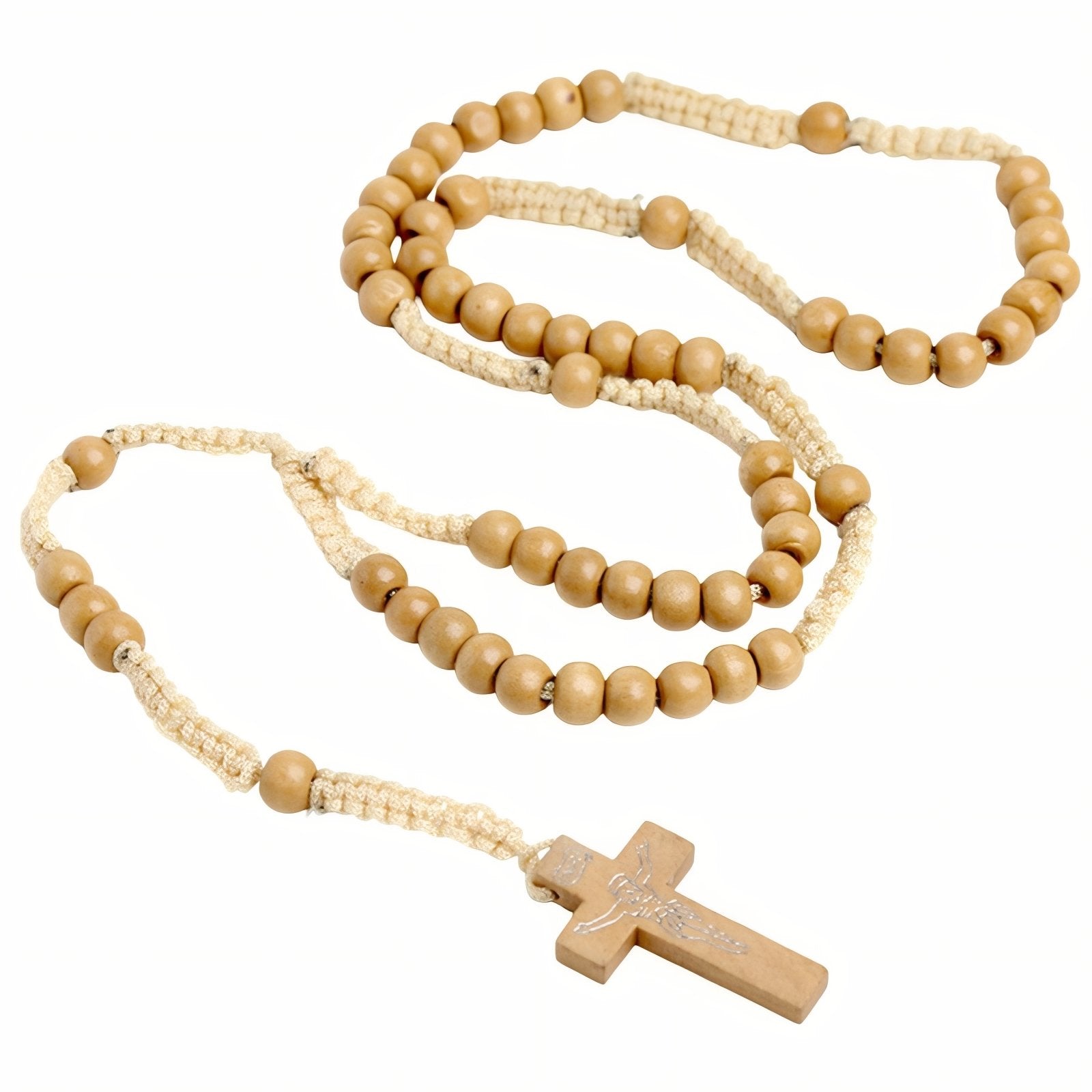 Chapelet en bois, avec croix chrétienne, perles rondes et cordon tressé