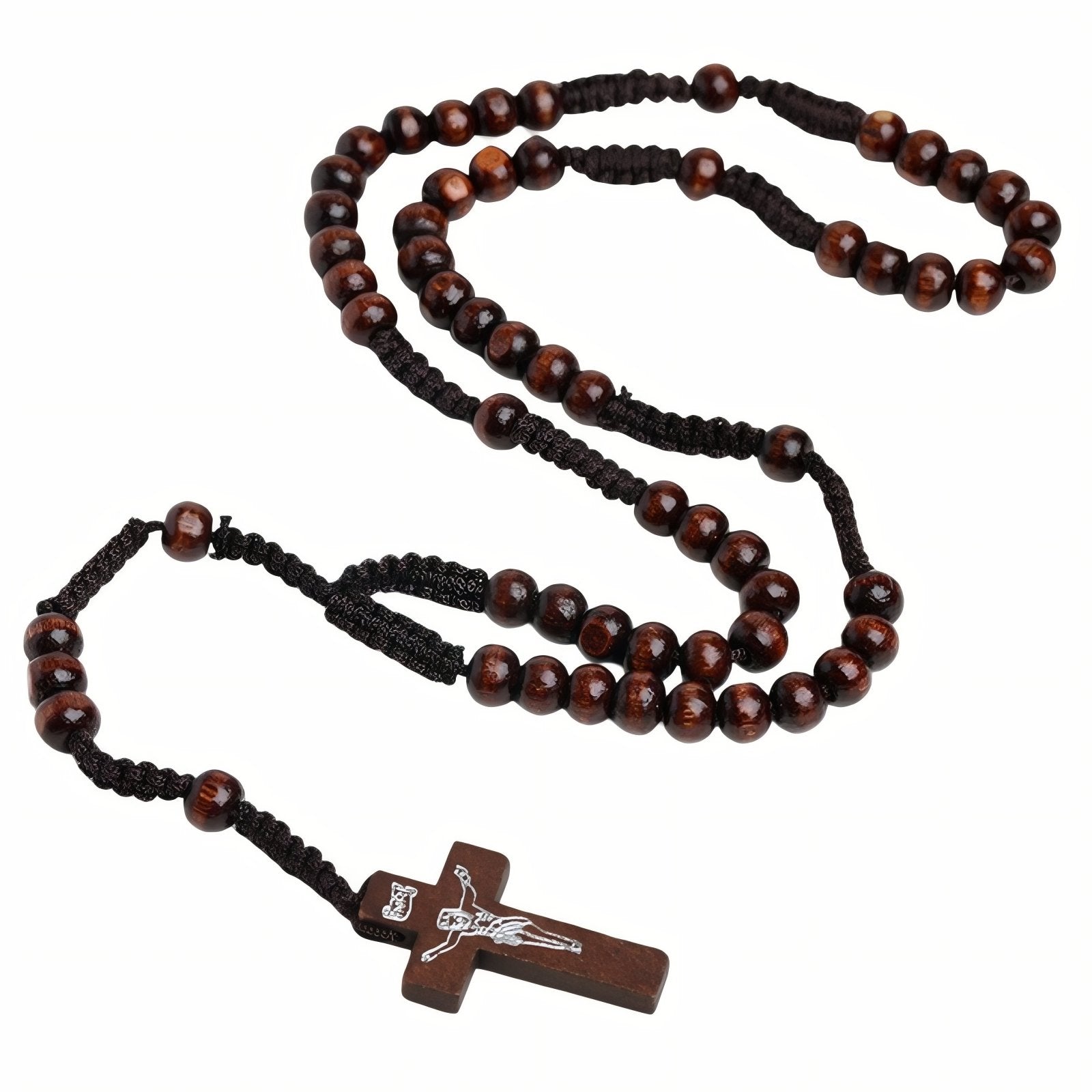 Chapelet en bois, avec croix chrétienne, perles rondes et cordon tressé