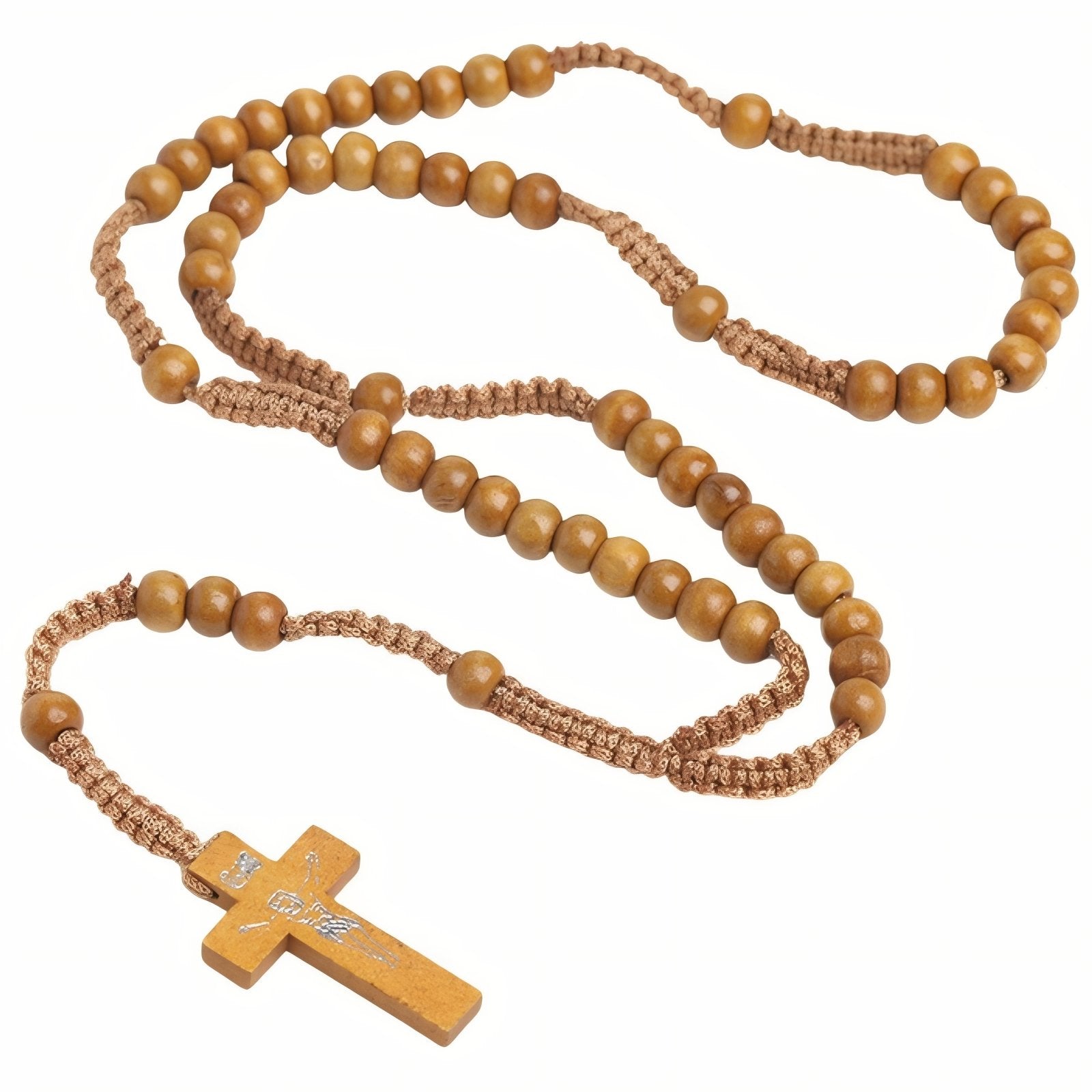 Chapelet en bois, avec croix chrétienne, perles rondes et cordon tressé