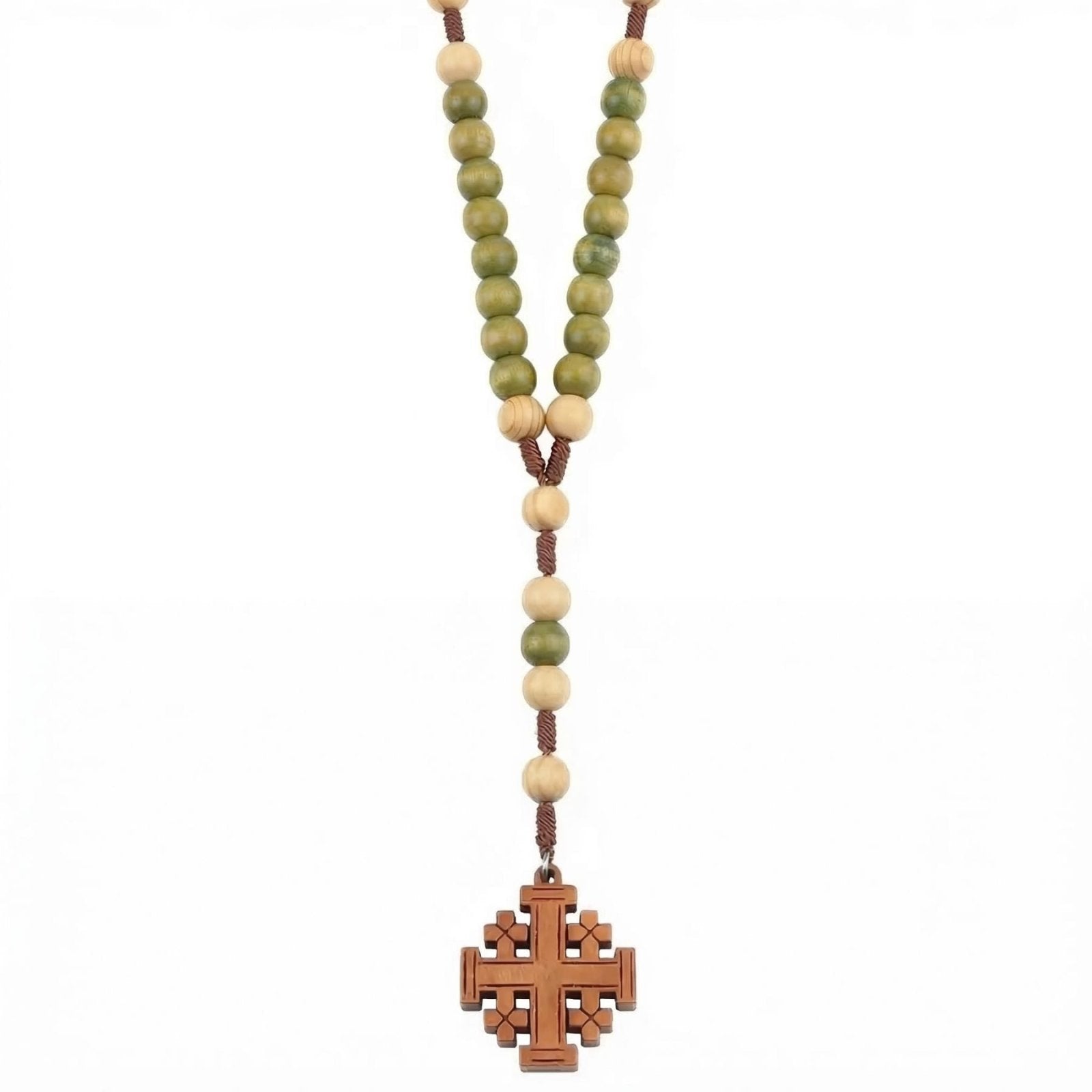 Chapelet en bois naturel avec pendentif croix de Jérusalem, perles vertes, style religieux et spirituel