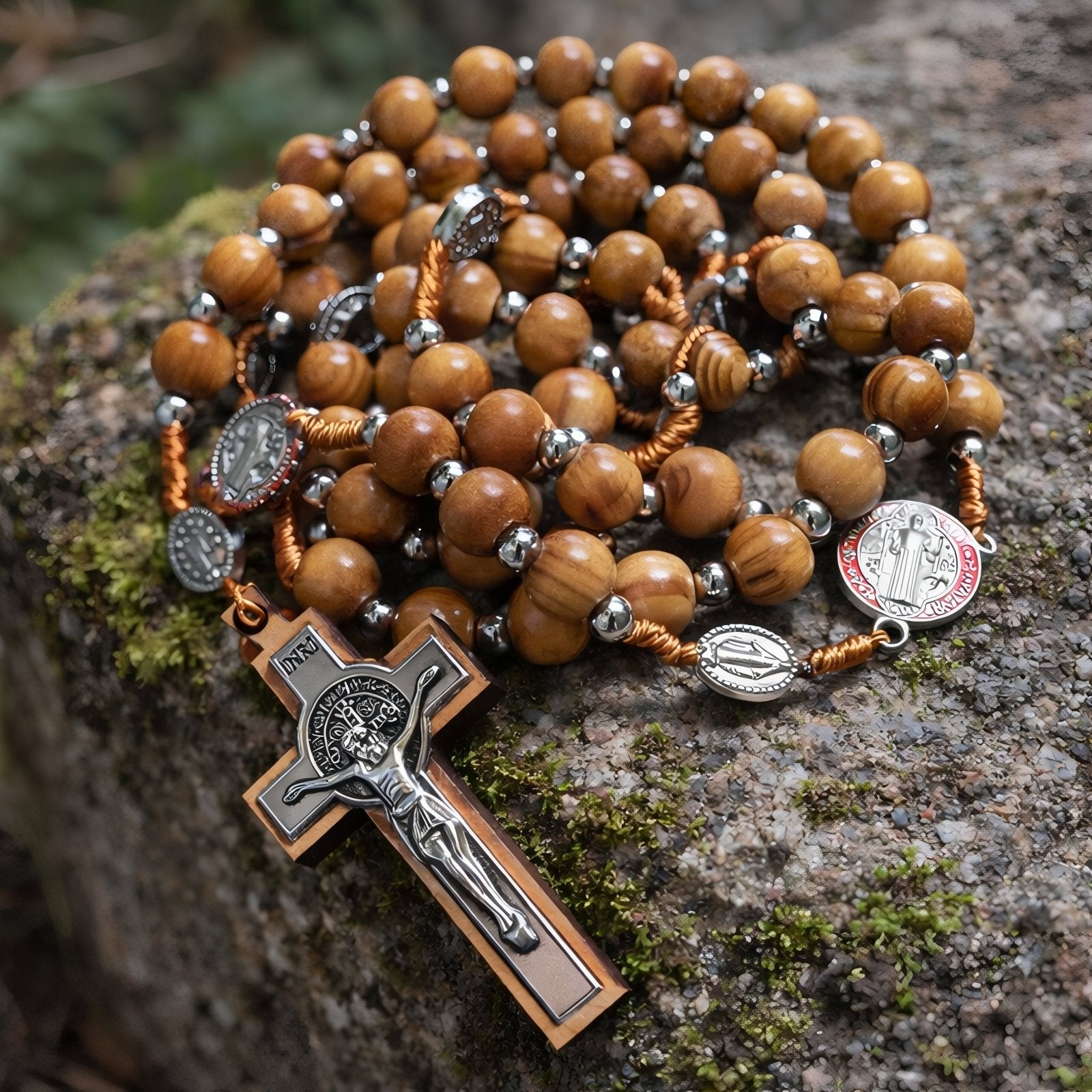 Chapelet en bois naturel, avec pendentif croix et Saint - Benoit, en alliage métallique