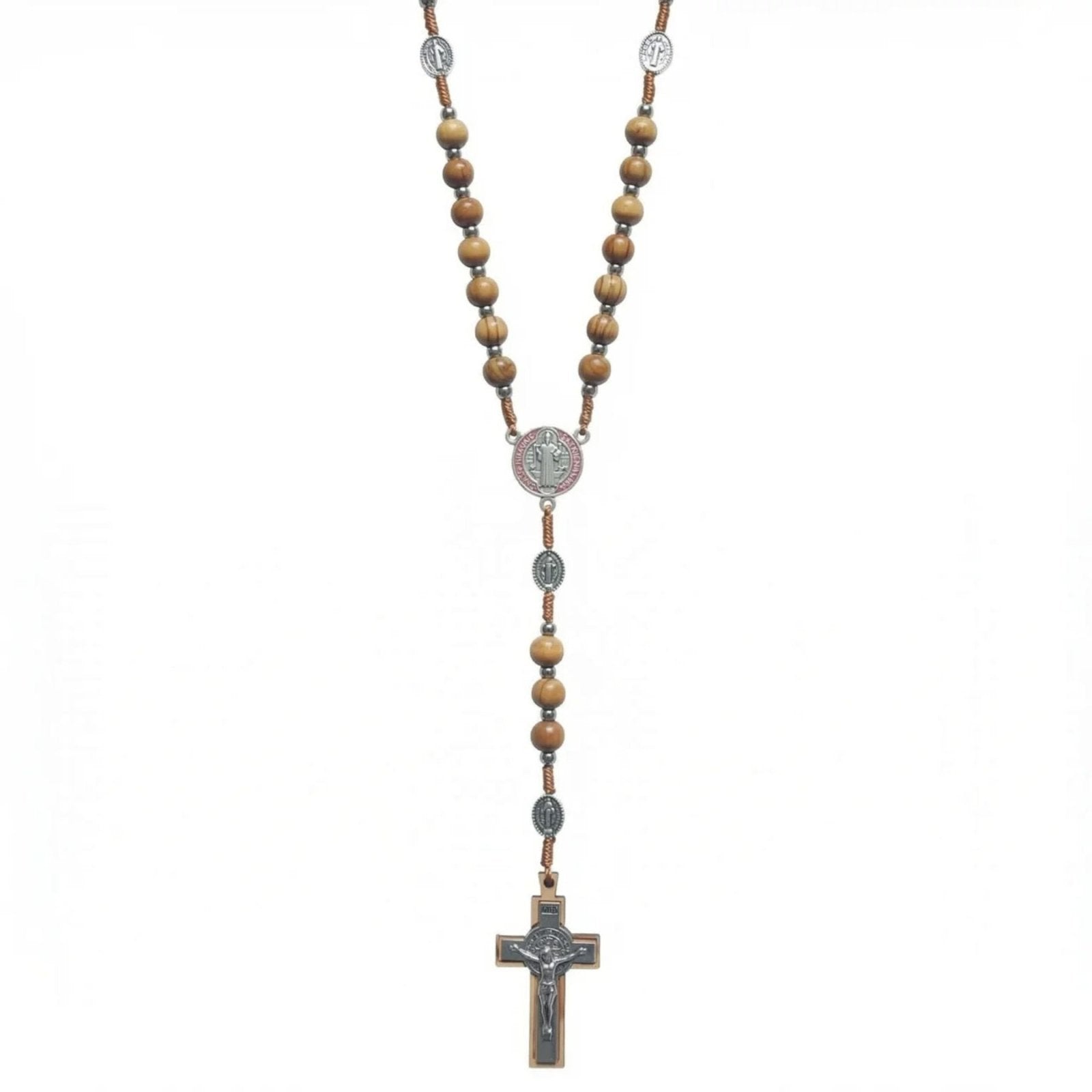 Chapelet en bois naturel, avec pendentif croix et Saint - Benoit, en alliage métallique