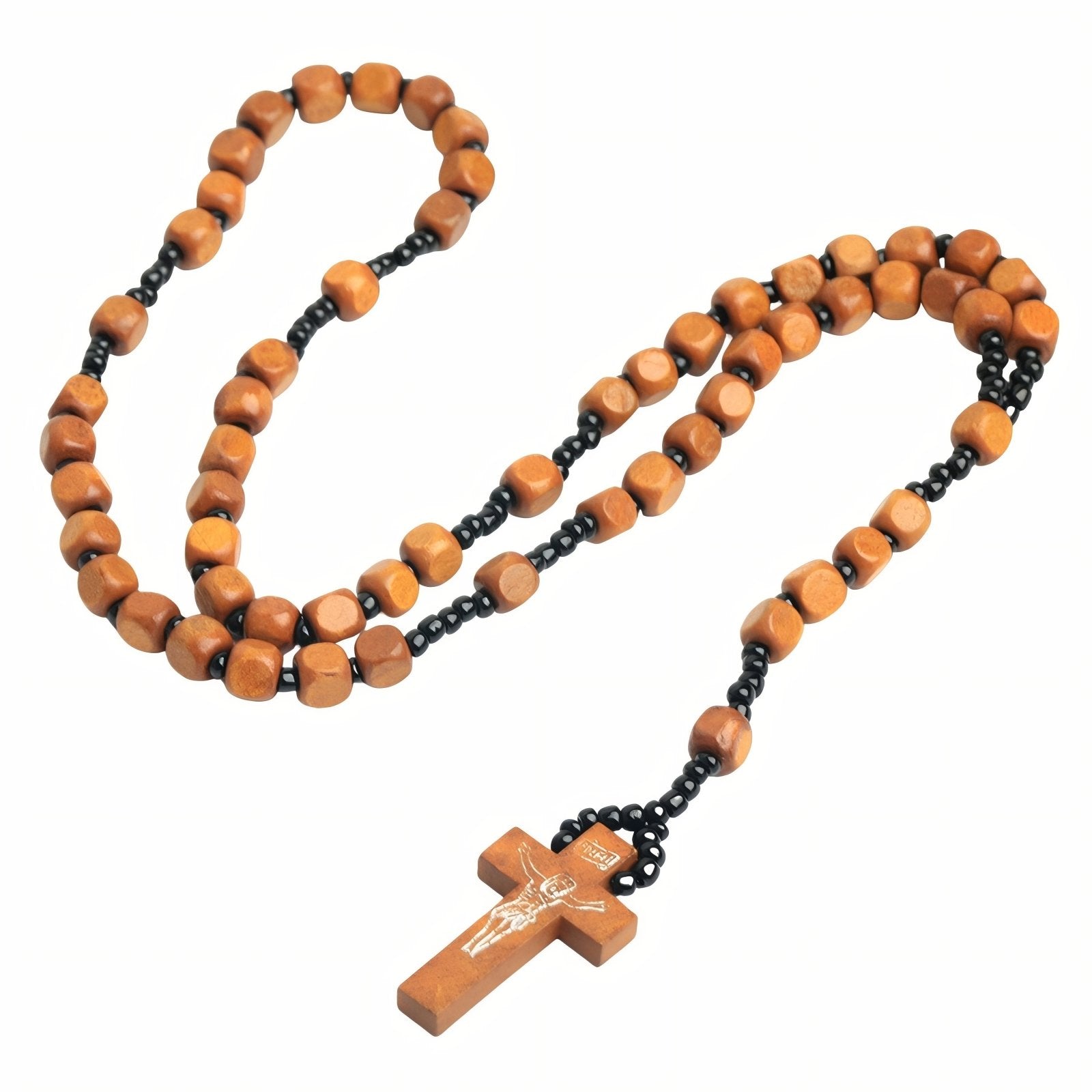 Chapelet en bois naturel, avec perles et pendentif croix chrétienne, style religieux