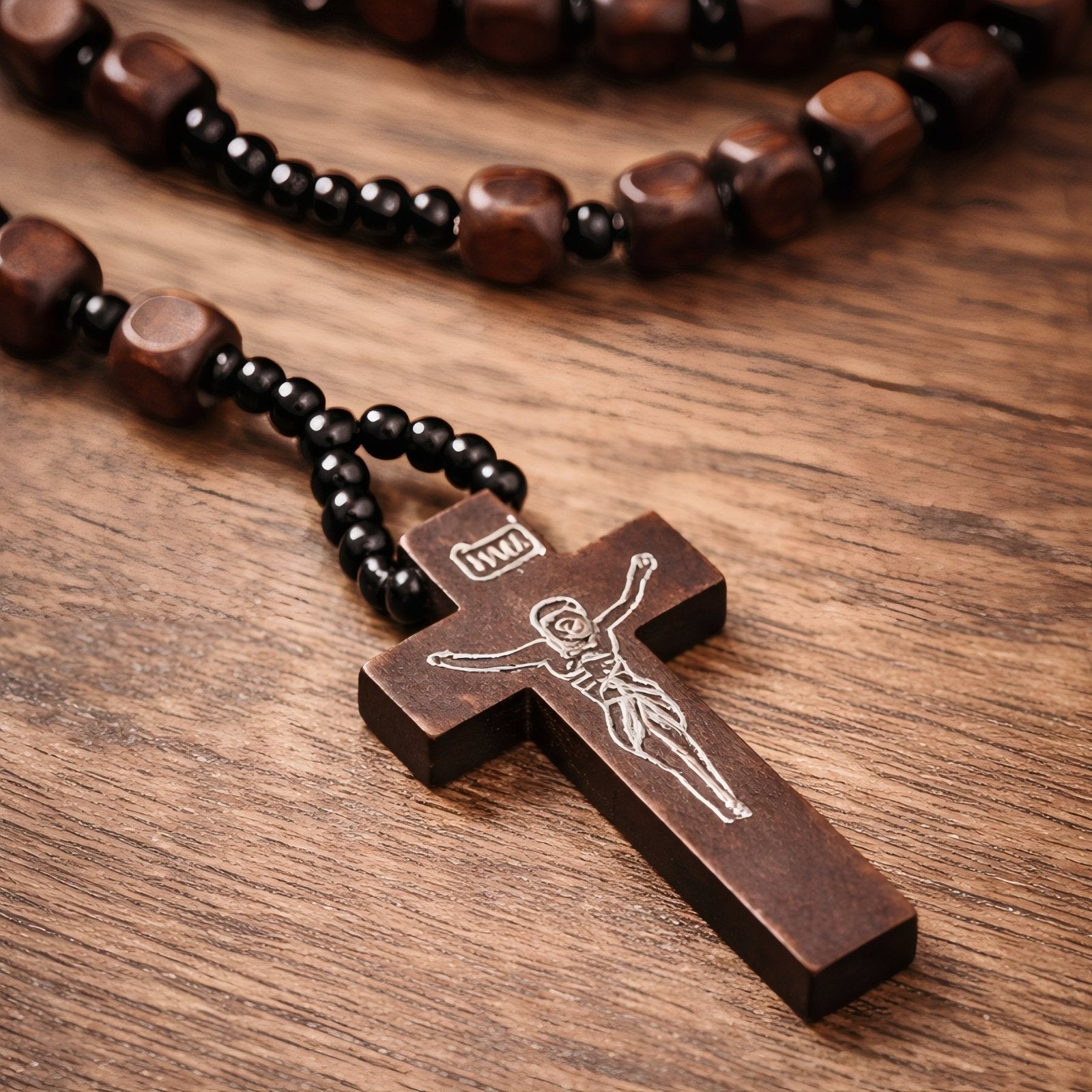 Chapelet en bois naturel, avec perles et pendentif croix chrétienne, style religieux