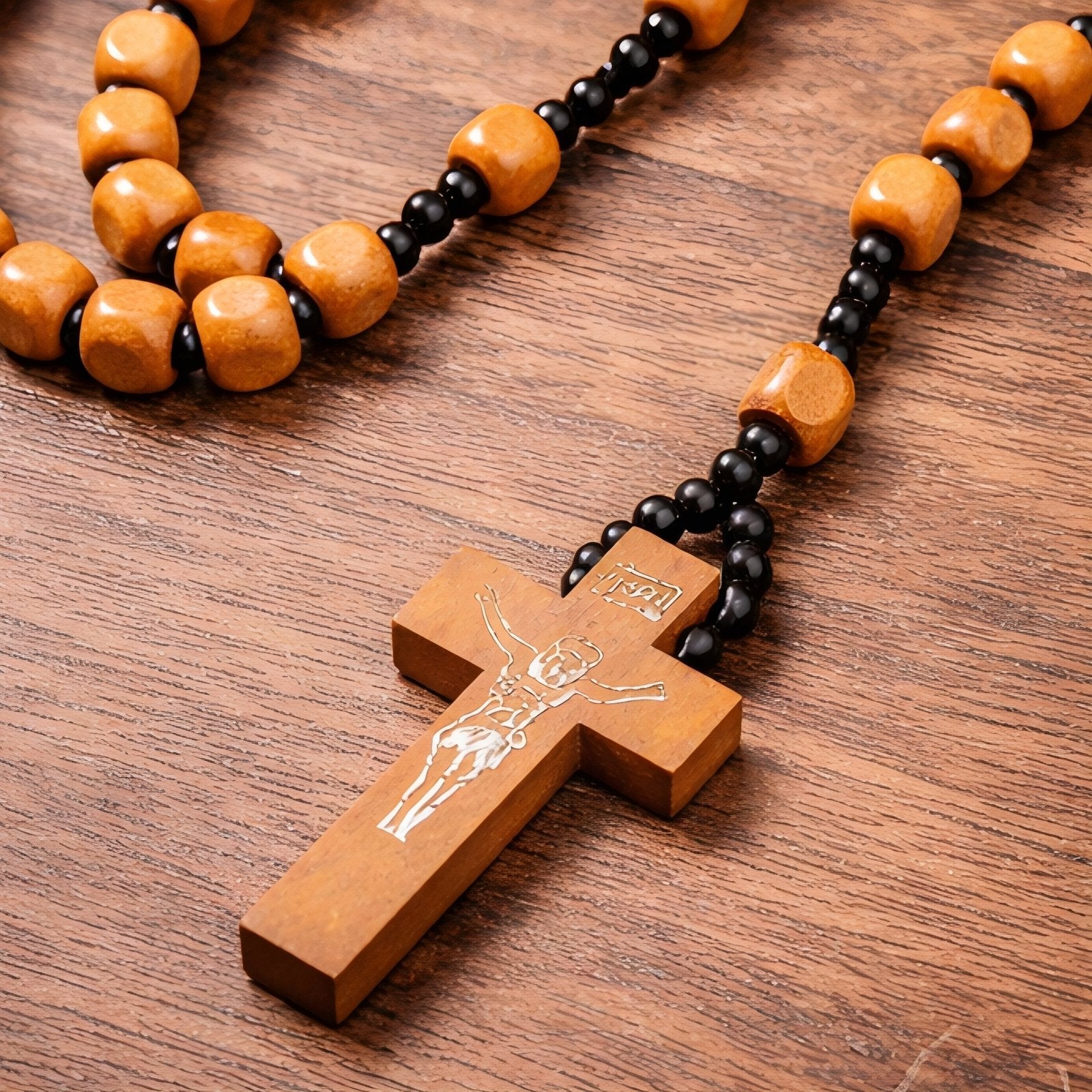 Chapelet en bois naturel, avec perles et pendentif croix chrétienne, style religieux