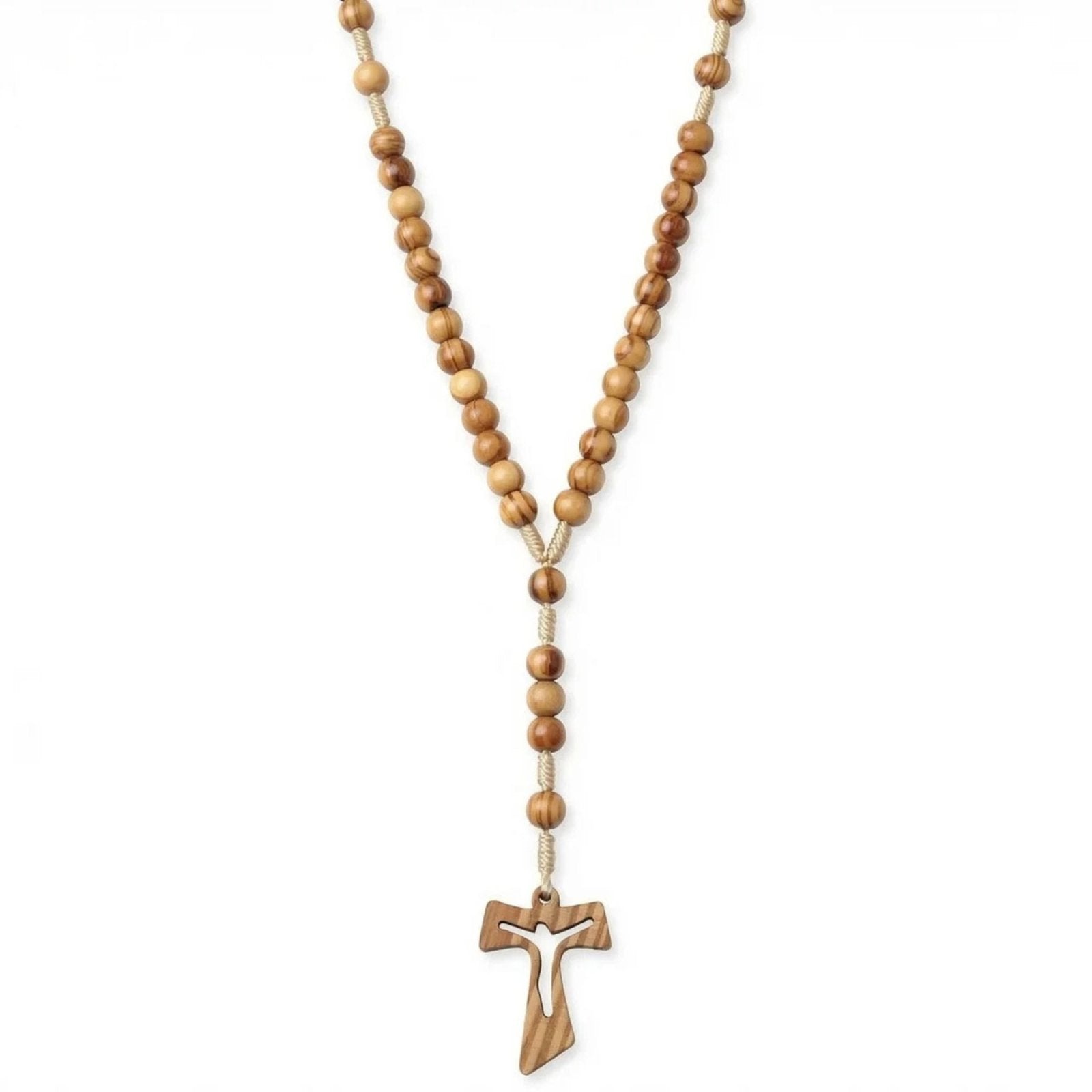 Chapelet en bois naturel, avec perles rondes et croix chrétienne