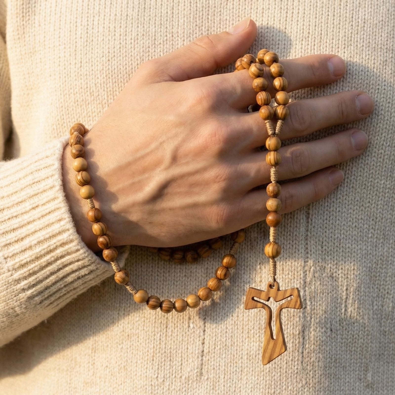 Chapelet en bois naturel, avec perles rondes et croix chrétienne