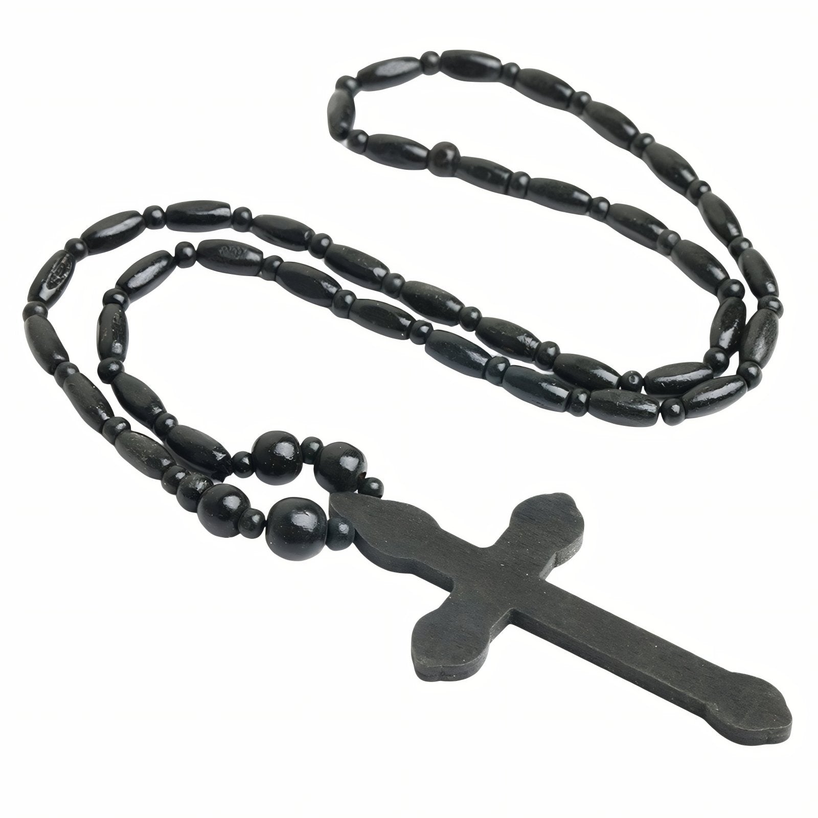Chapelet en bois noir, avec pendentif croix et perles en bois, style religieux