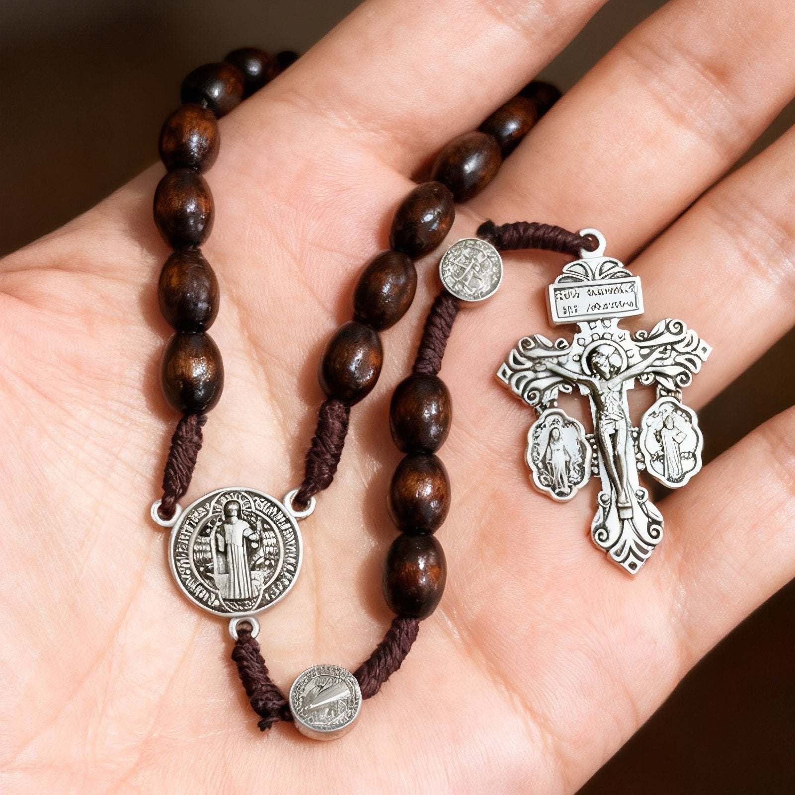 Chapelet pendentif croix et médaille Saint - Benoît, avec perles de bois, en alliage métallique, style religieux