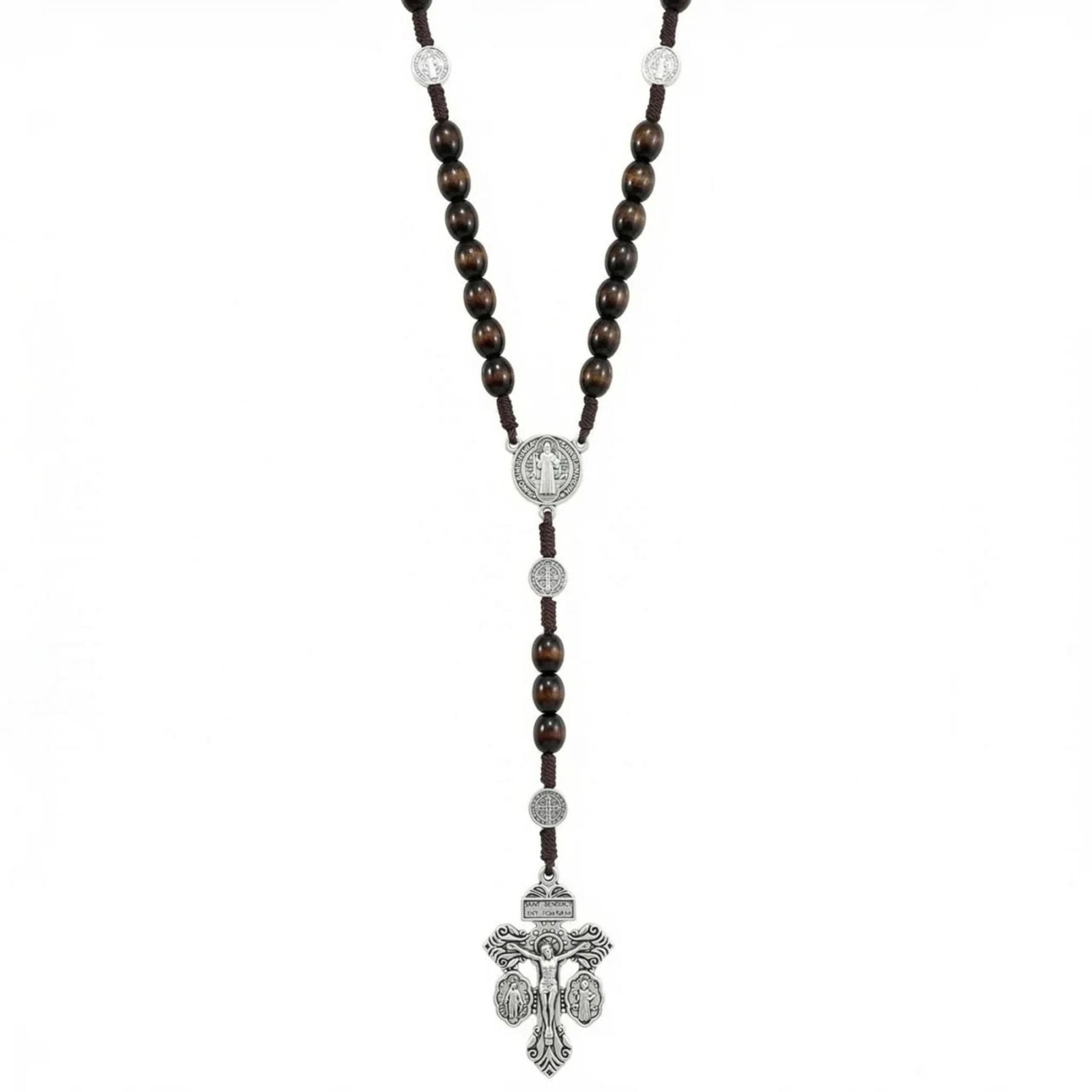 Chapelet pendentif croix et médaille Saint - Benoît, avec perles de bois, en alliage métallique, style religieux