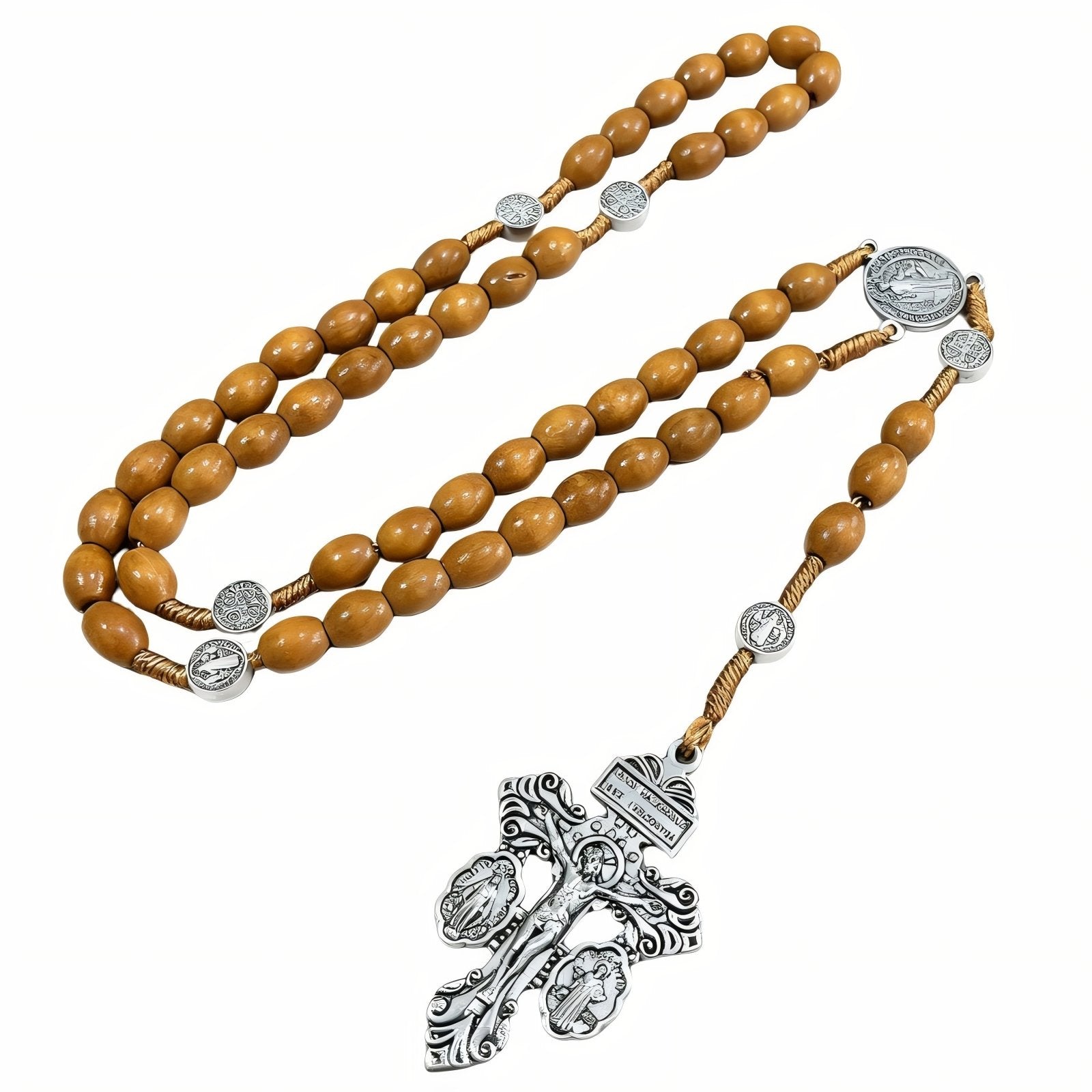 Chapelet pendentif croix et médaille Saint - Benoît, avec perles de bois, en alliage métallique, style religieux