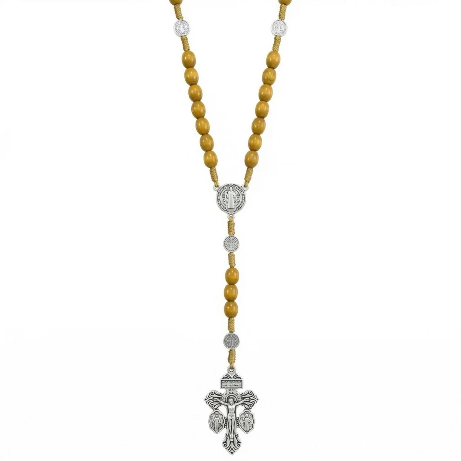Chapelet pendentif croix et médaille Saint - Benoît, avec perles de bois, en alliage métallique, style religieux
