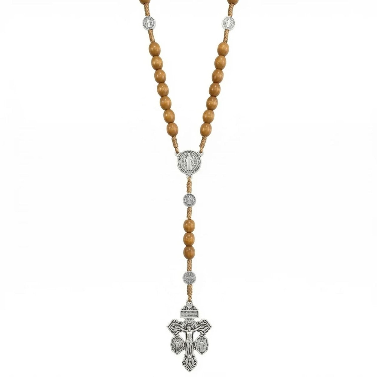 Chapelet pendentif croix et médaille Saint - Benoît, avec perles de bois, en alliage métallique, style religieux
