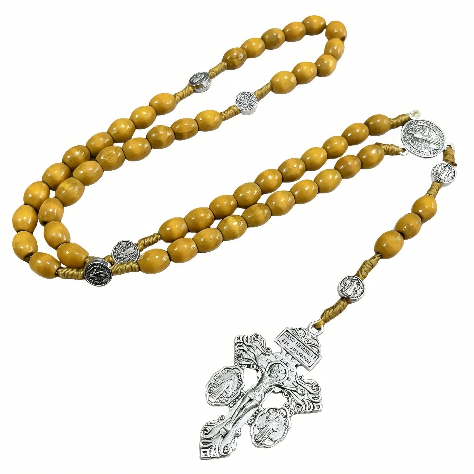 Chapelet pendentif croix et médaille Saint - Benoît, avec perles de bois, en alliage métallique, style religieux