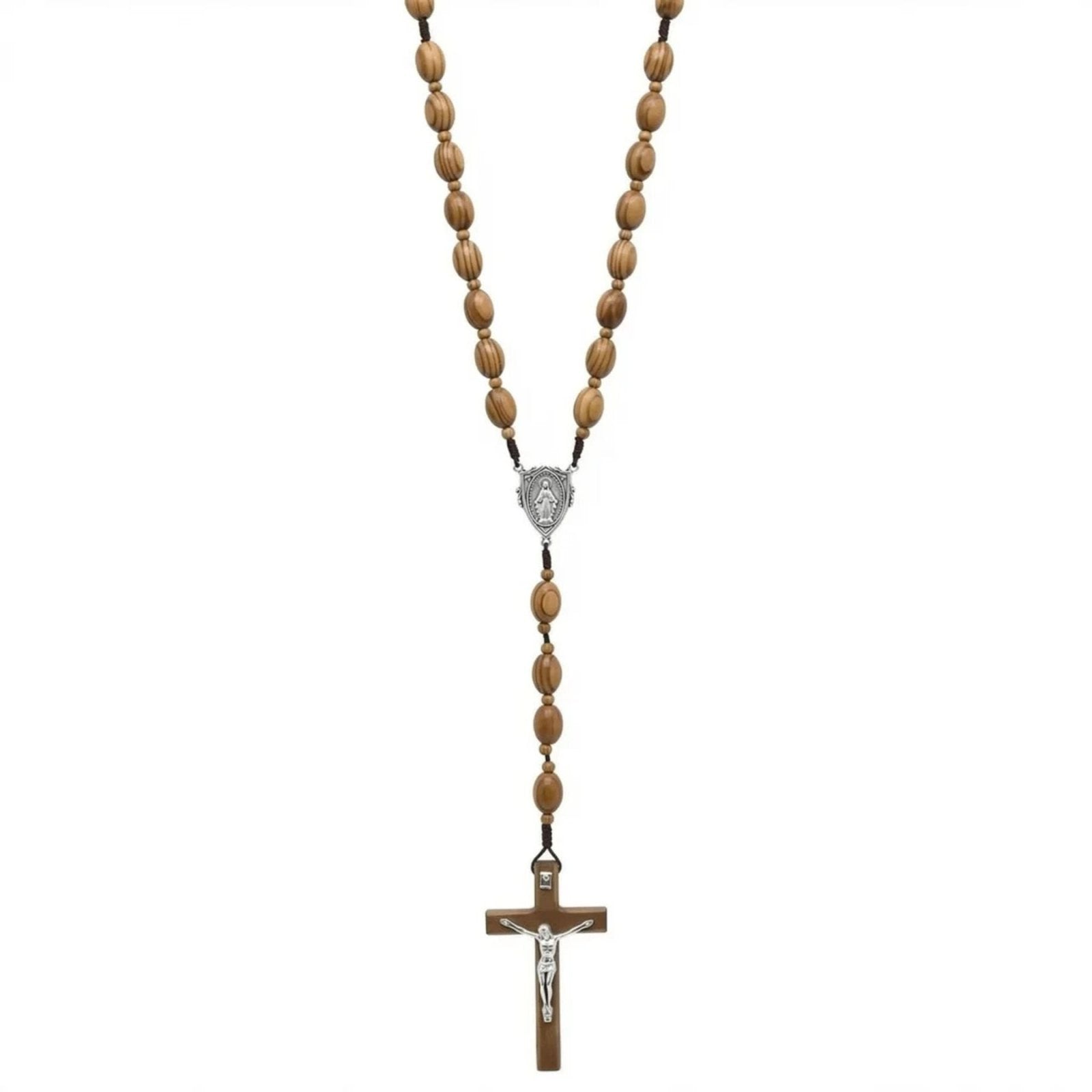 Chapelet perles bois naturel, médaille de la Vierge Marie et grande croix, en alliage métallique