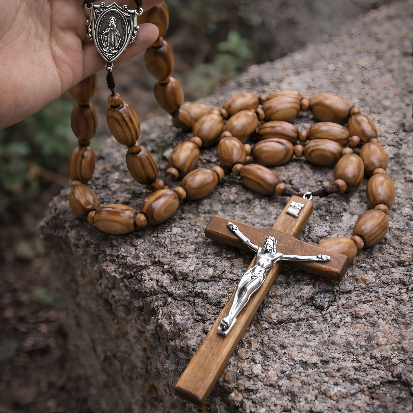 Chapelet perles bois naturel, médaille de la Vierge Marie et grande croix, en alliage métallique