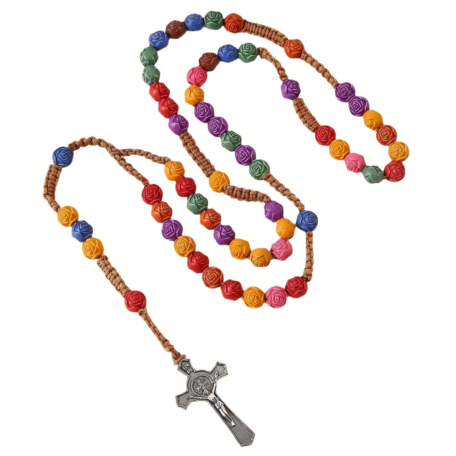 Chapelet perles en roses artisanal, avec résine, cordon tressé et pendentif croix en alliage métallique